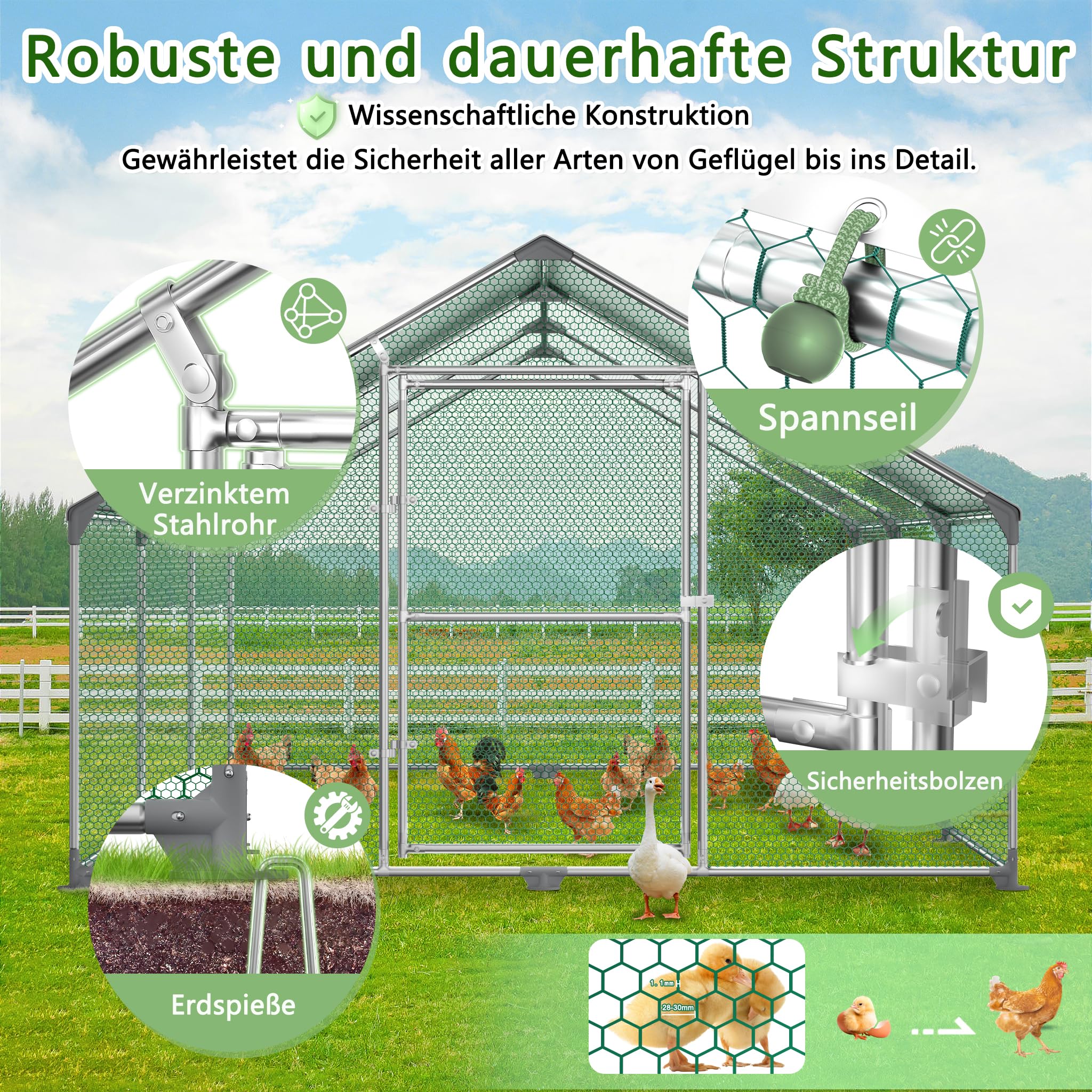 HENGMEI Pollaio 3x8x2m con recinto esterno, gabbie per piccoli animali, pollaio in acciaio zincato con tetto in PE, recinto esterno con serratura, gabbia per pollame