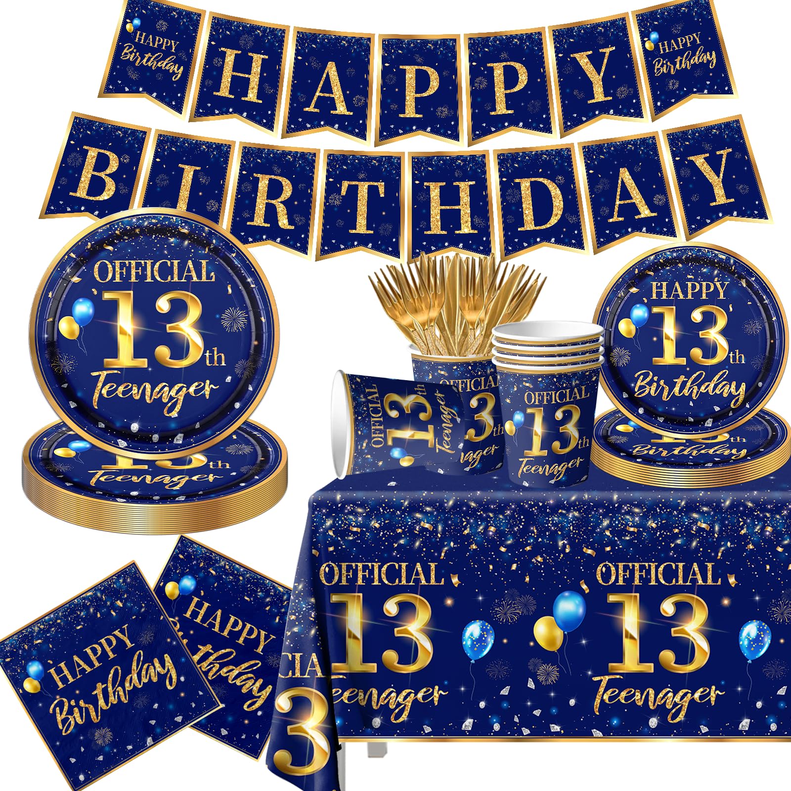 13th Birthday Decoration Men-142pcs Navy Blue and Gold Birthday Tableware Set(Serve for 20) Include Happy13th Birthday Banner Plates Cups Napkins