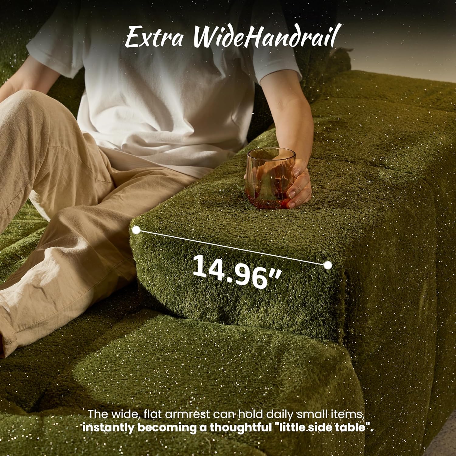 ovios 115" Cloud Boneless Couch with Glitter Fabric, Moudular Sectional Sofa with Deep Seat, No Assembly Required, Modern Minimalist L Shaped Couches with Chaise for Living Room, Green