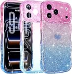 LAPOPNUT for iPhone 16 Case Sparkly Bling Glitter Cute Curly Wave Frame Bumper Cover for Women Girls Translucent Silicone Bumper Shockproof Phone Case for iPhone 16 6.1 Inch,Pink