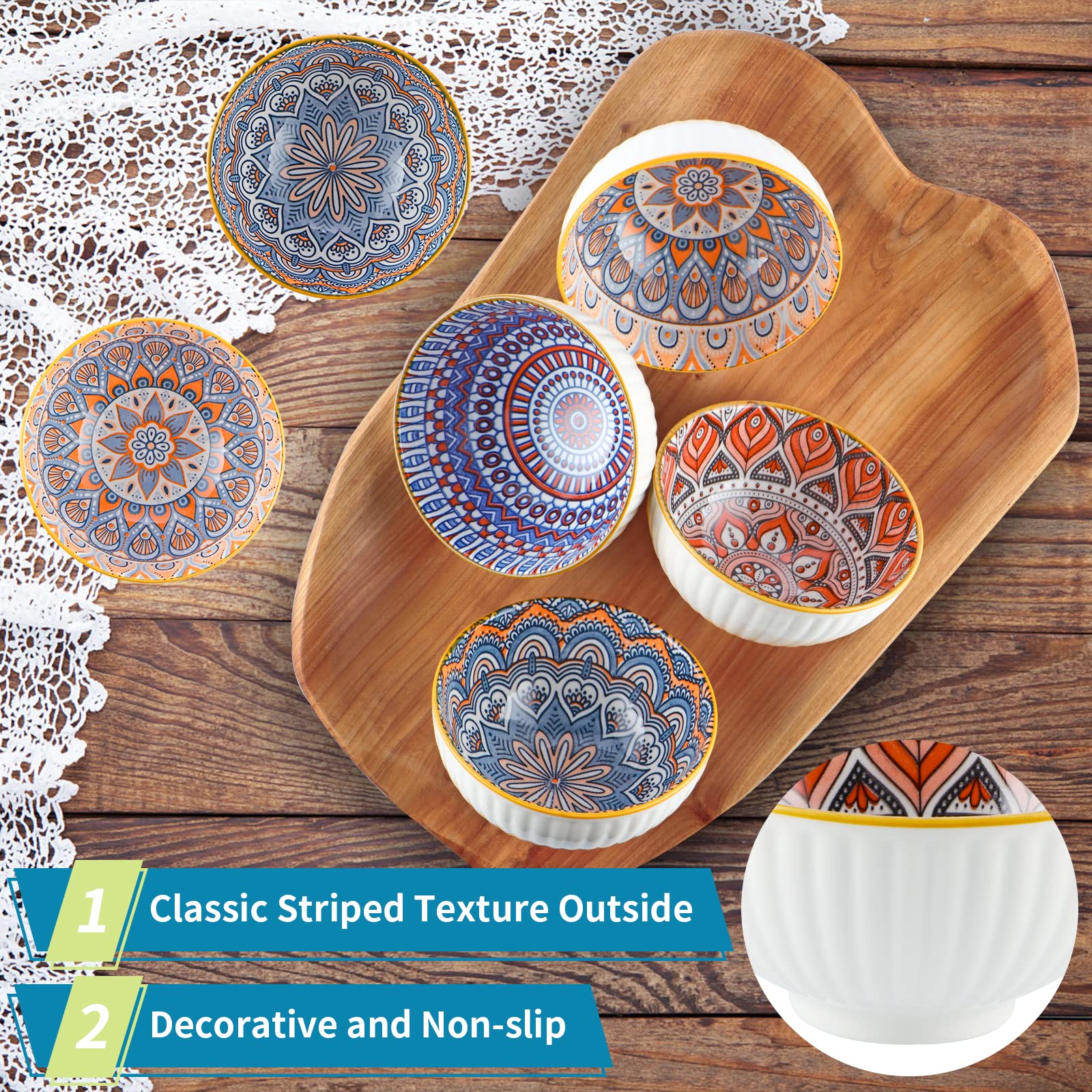 Skelang 6 Pcs Bols en porcelaine,300ml bols à céréales, bols de style bohème, pour pour céréales, soupe, dessert, collation, fruits, salad (motif géométrique)