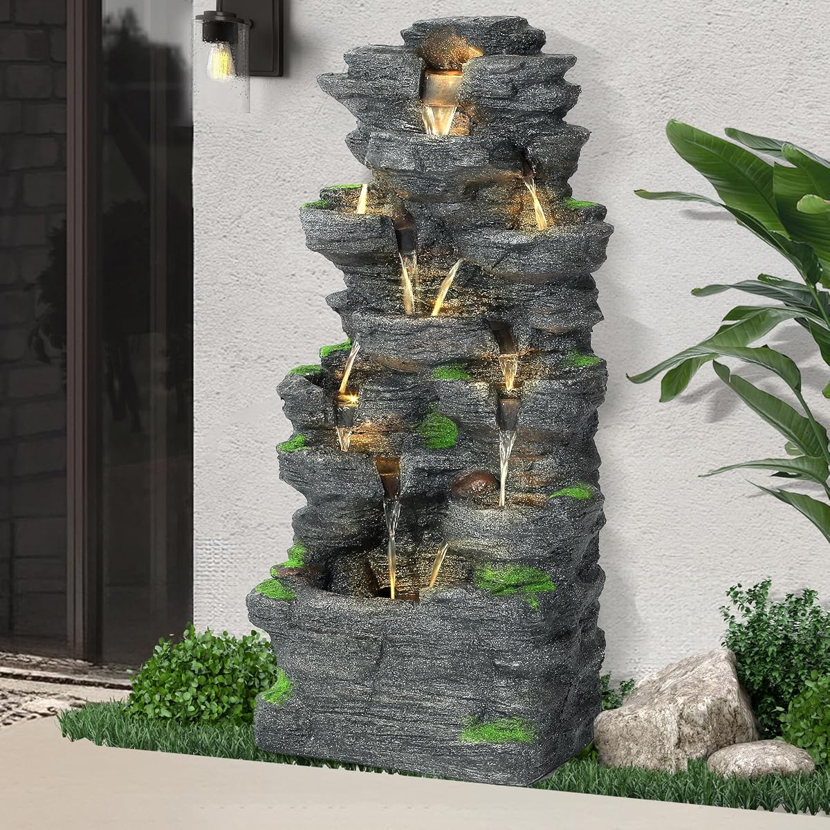 40" H 10-Tiers Cascading Rock Water Fountain Outdoor with LED Lights | Outdoor Fountains and Waterfalls, Indoor Resin Fountain Feature for Patio, Garden, Backyard, Deck, Porch, Home Art Decor