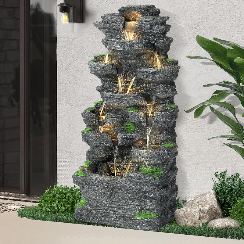 40" H 10-Tiers Cascading Rock Water Fountain Outdoor with LED Lights | Outdoor Fountains and Waterfalls, Indoor Resin Fountain Feature for Patio, Garden, Backyard, Deck, Porch, Home Art Decor