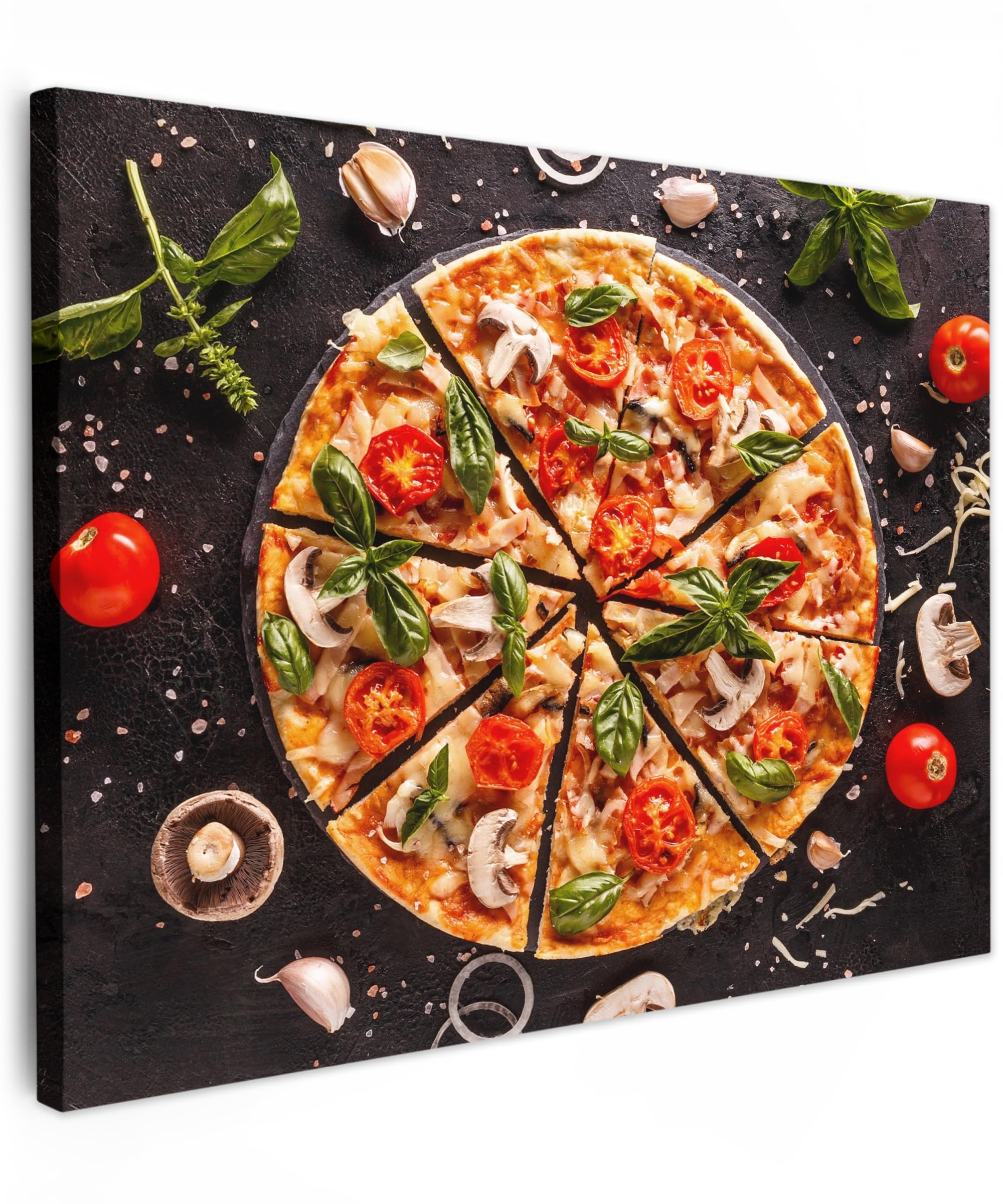 MuchoWow© Leinwandbild 80x60 cm Dekoration Wohnzimmer Bilder Pictures Wall Decoration Living Room Wohnungs Deko Moderne Bild Bild Küche - Pizza - Gemüse - Kräuter - Lebensmittel - Essen