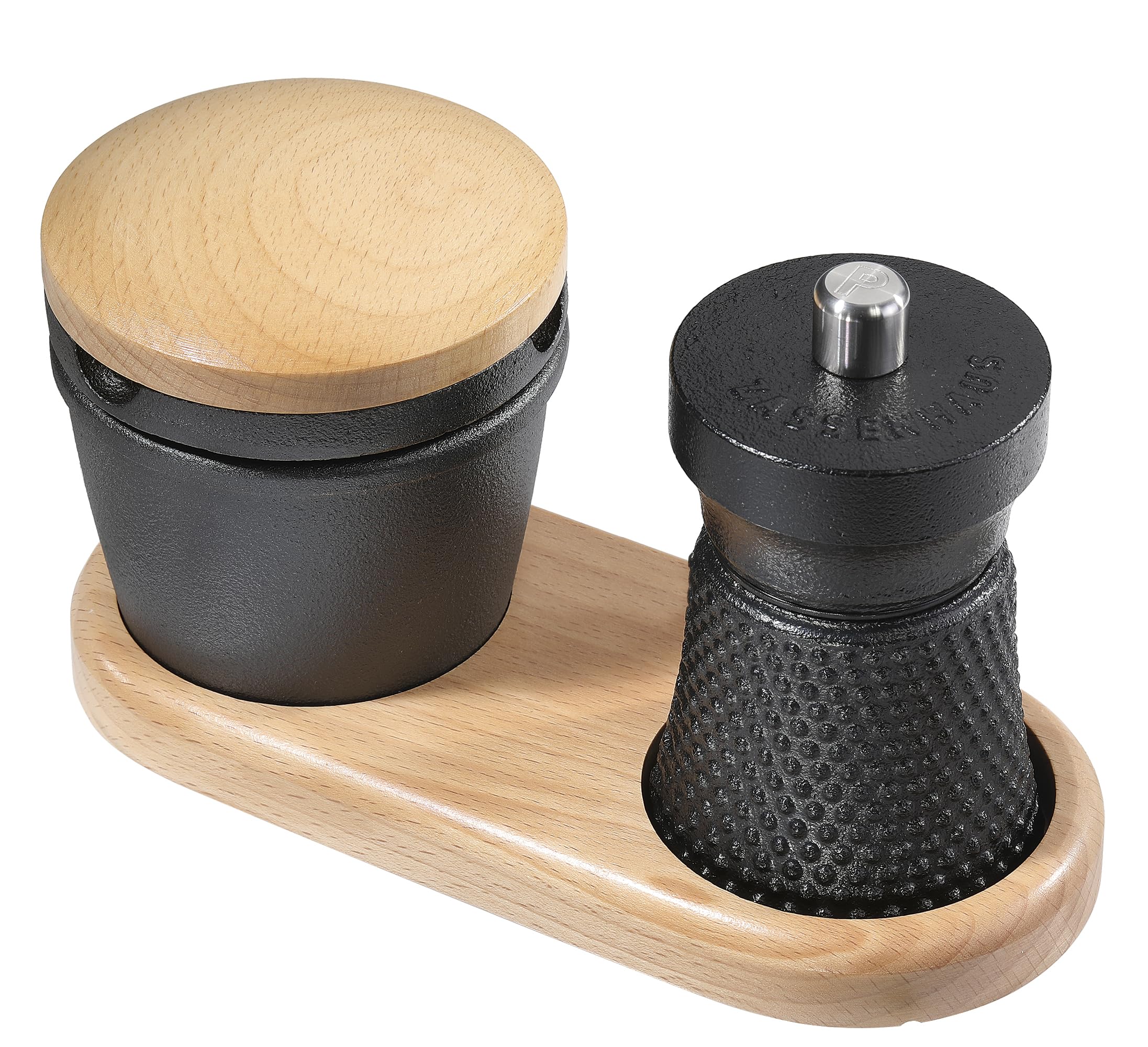 Zassenhaus Lot de 3 moulins à poivre en fonte, broyeur en céramique précis, râpe à épices avec compartiment de rangement, dessous de plat en bois de hêtre, idéal pour la cuisine et la table