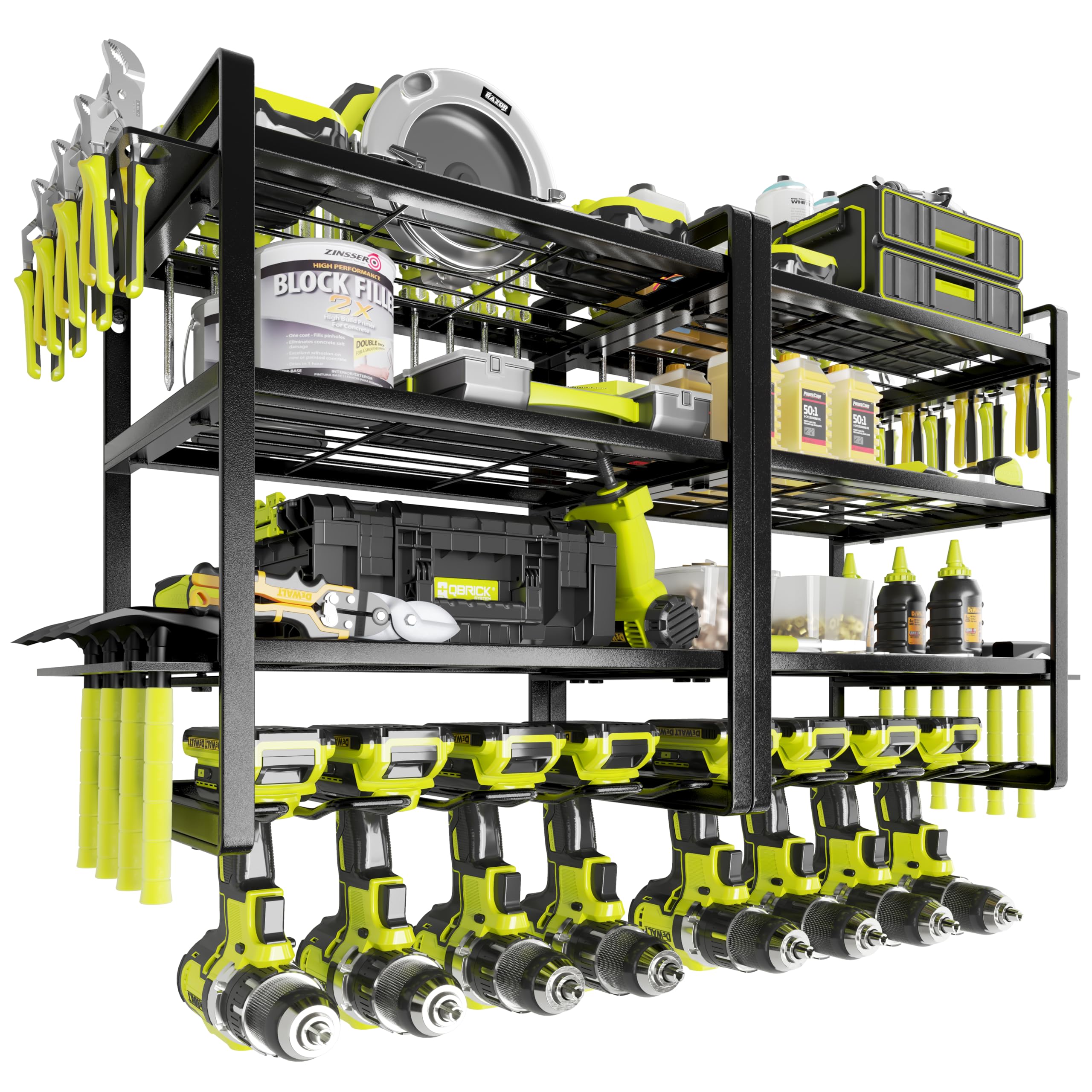 KAFAHOM Power Tool Organizer Wall Mount, 4-Tier Drill Holder for Cordless Tools, 2-Pack Set, Garage Storage Rack with Side Hooks for Hammers & Pliers, Tool Organizer for Workshop/Utility Room