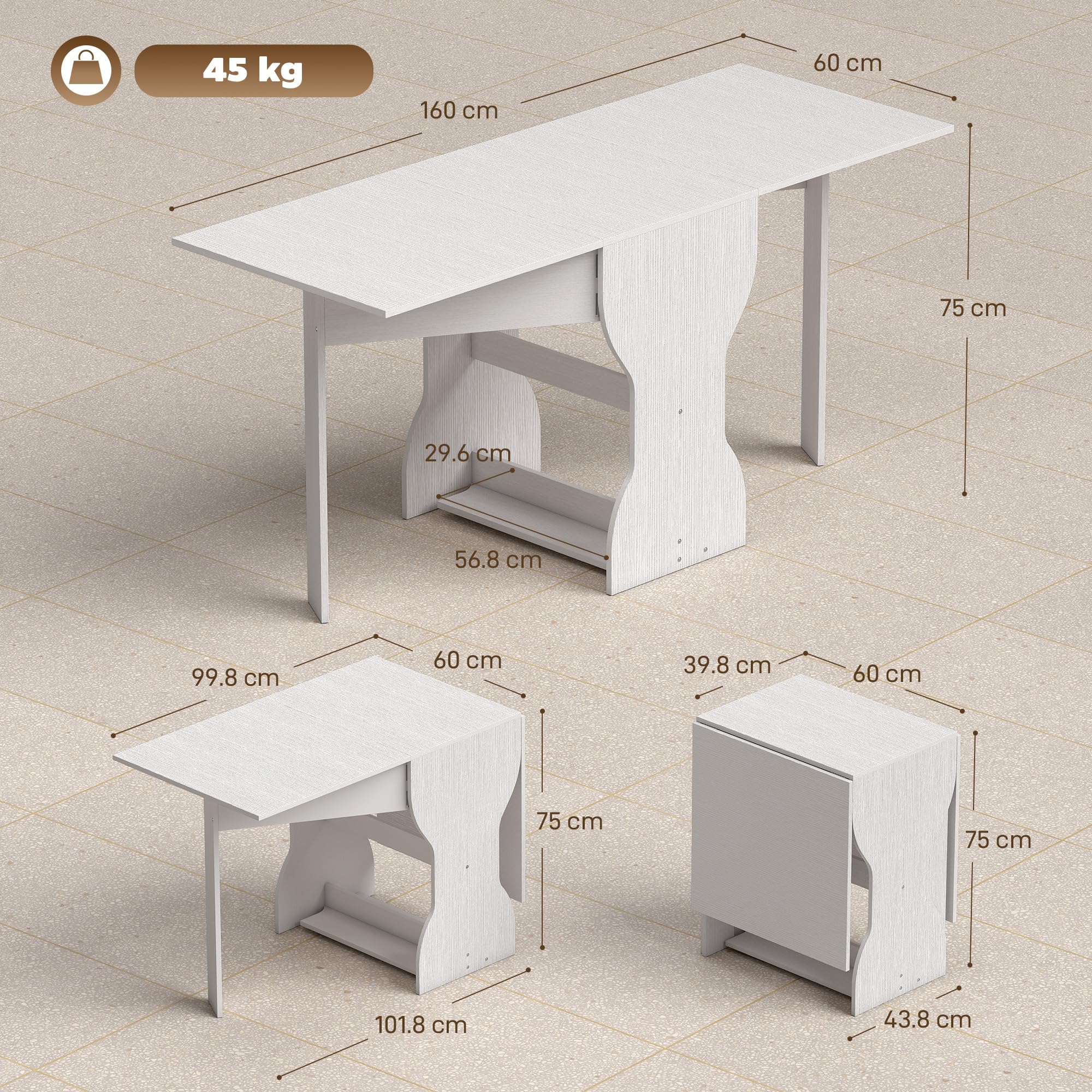 HOMCOM Tavolo da Pranzo Pieghevole 160 cm, Consolle con Ripiano Portaoggetti per Piccoli Spazi, Tavolo Moderno Salvaspazio per 4 Persone, Bianco