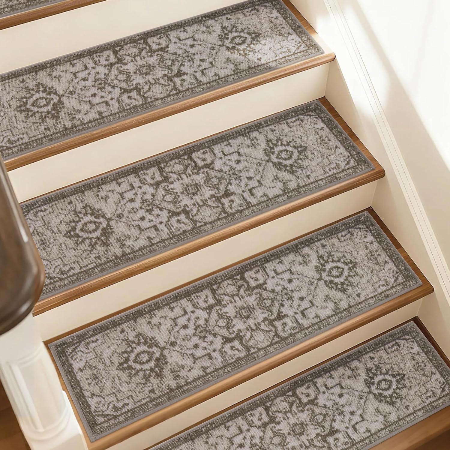 JSEI Stair Treads for Wooden Steps, 15 Pack 8" X 30" Non-Slip Machine Washable Carpet Stair Treads with TPE Backing, Soft Indoor Stair Rug Runner for Kids Elders & Pets, Polyester, Beige/Brown