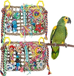 2 Pieces Bird Toys Bird Foraging Toys Parakeet Toys Seagrass Woven Climbing Hammock Mat with Colorful Chewing Toys Bird Foraging Shredding Seagrass Wall with Various Toys for Birds, Lovebirds