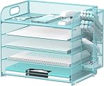 SUPEASY 5 Tier Desk Organizer with Handle & Removable Pen Holders, Mesh Paper/File Organizer for Desk, Paper Letter Tray Organizer for Office Supplies (Black)