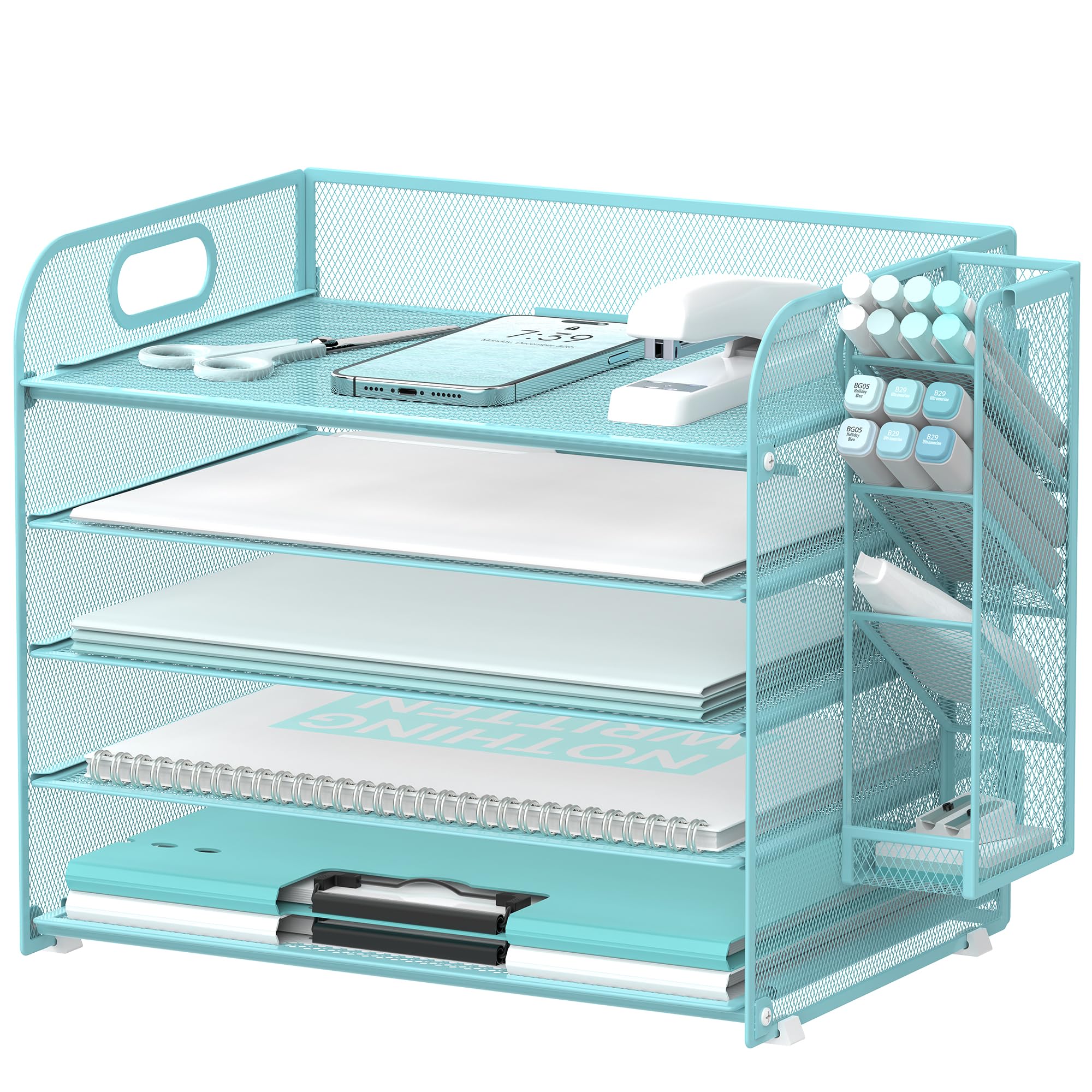 SUPEASY 5 Tier Desk Organizer with Handle & Removable Pen Holders, Mesh Paper/File Organizer for Desk, Paper Letter Tray Organizer for Office Supplies (Blue)
