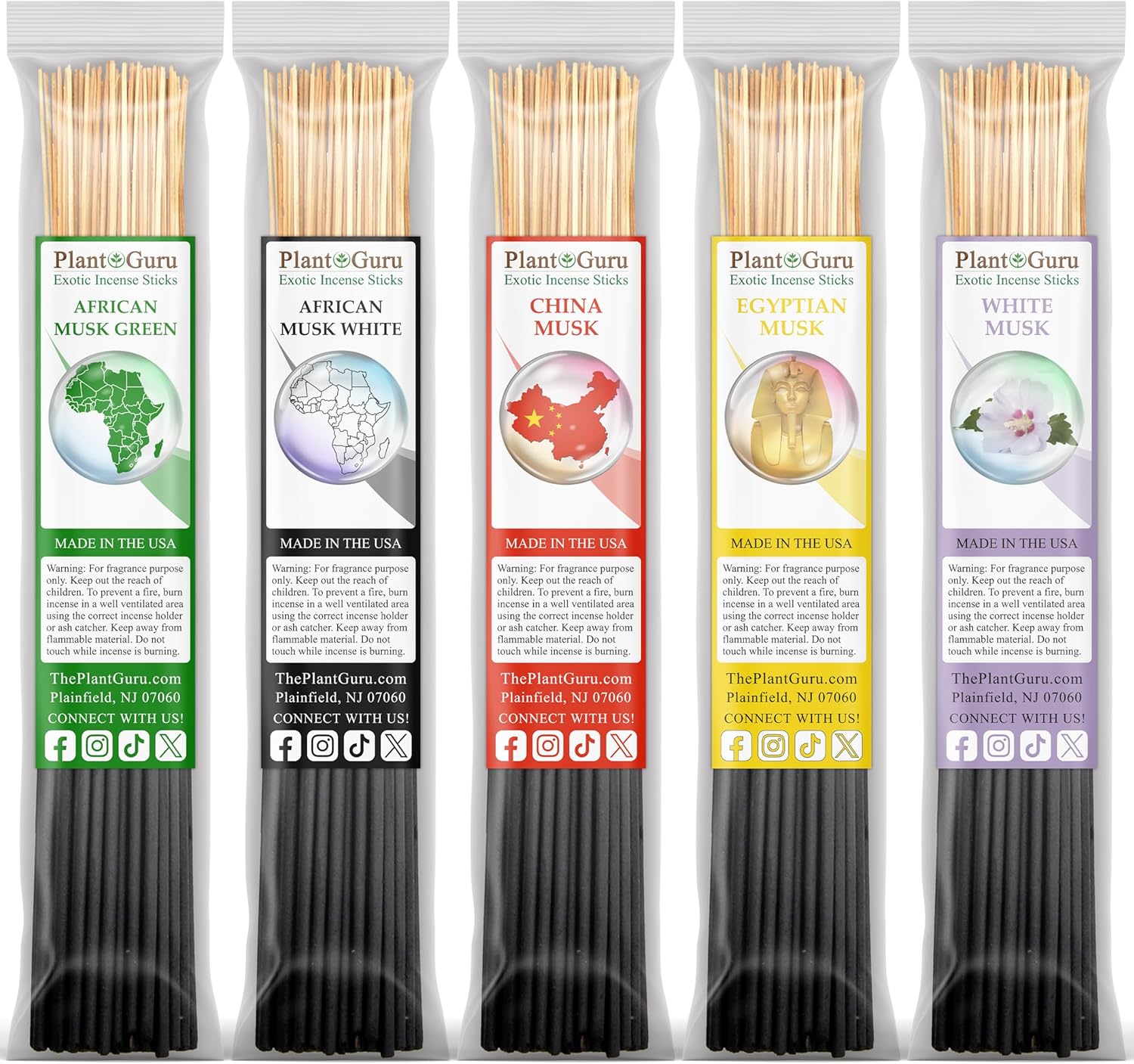 Musky Incense Sticks Variety Set Bulk 500 Pack Sampler 11" Sticks - 5 Bundles of 100 Sticks Per Bundle. Set Includes - African Musk Green, African Musk White, China Musk, Egyptian Musk, White Musk.