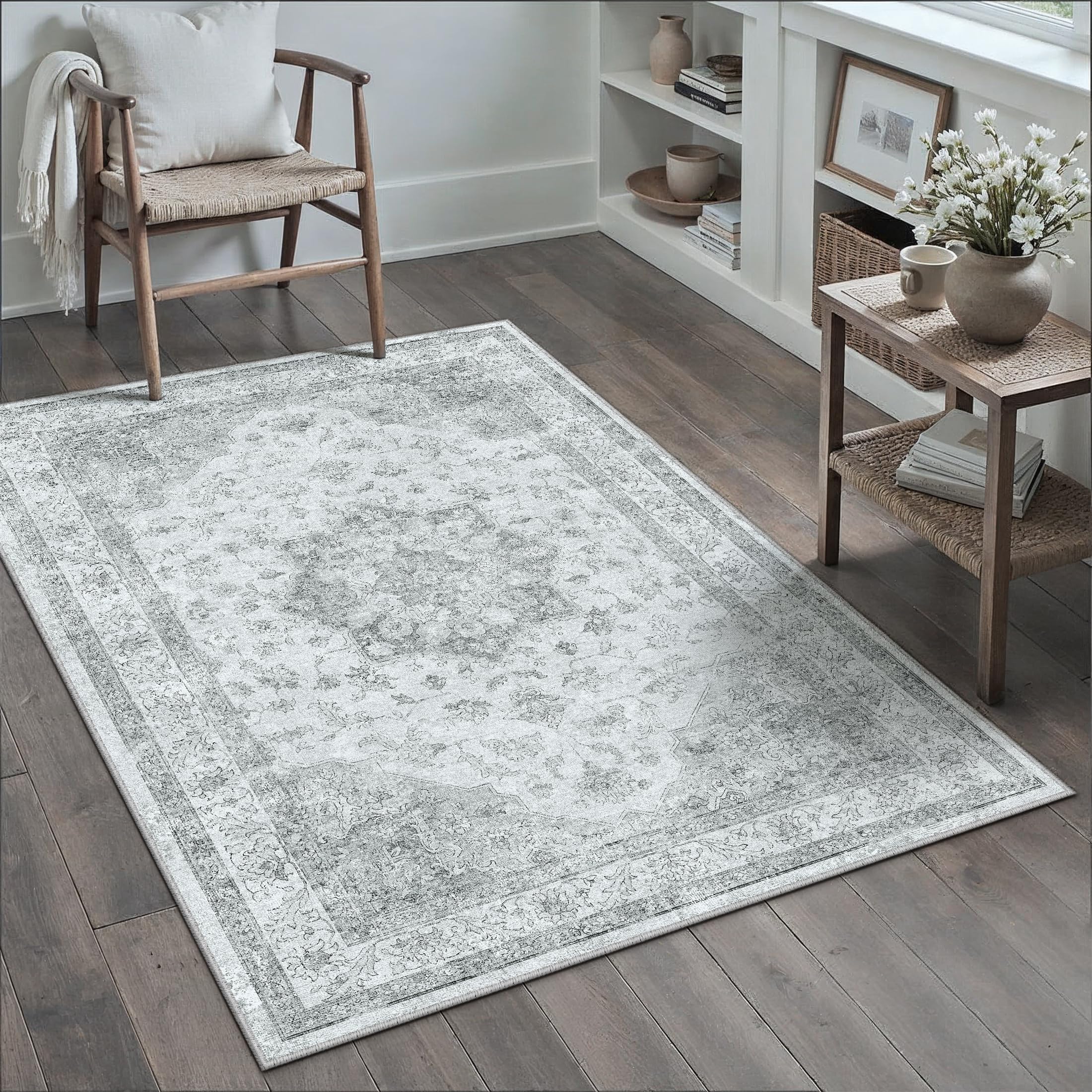 PureCozy Vintage Washable Grey Rugs Living Room Area Rug 80x150cm Bedroom Large Non Slip Soft Carpet Kitchen Bedroom Dining Room Office Indoor Low Pile Carpets