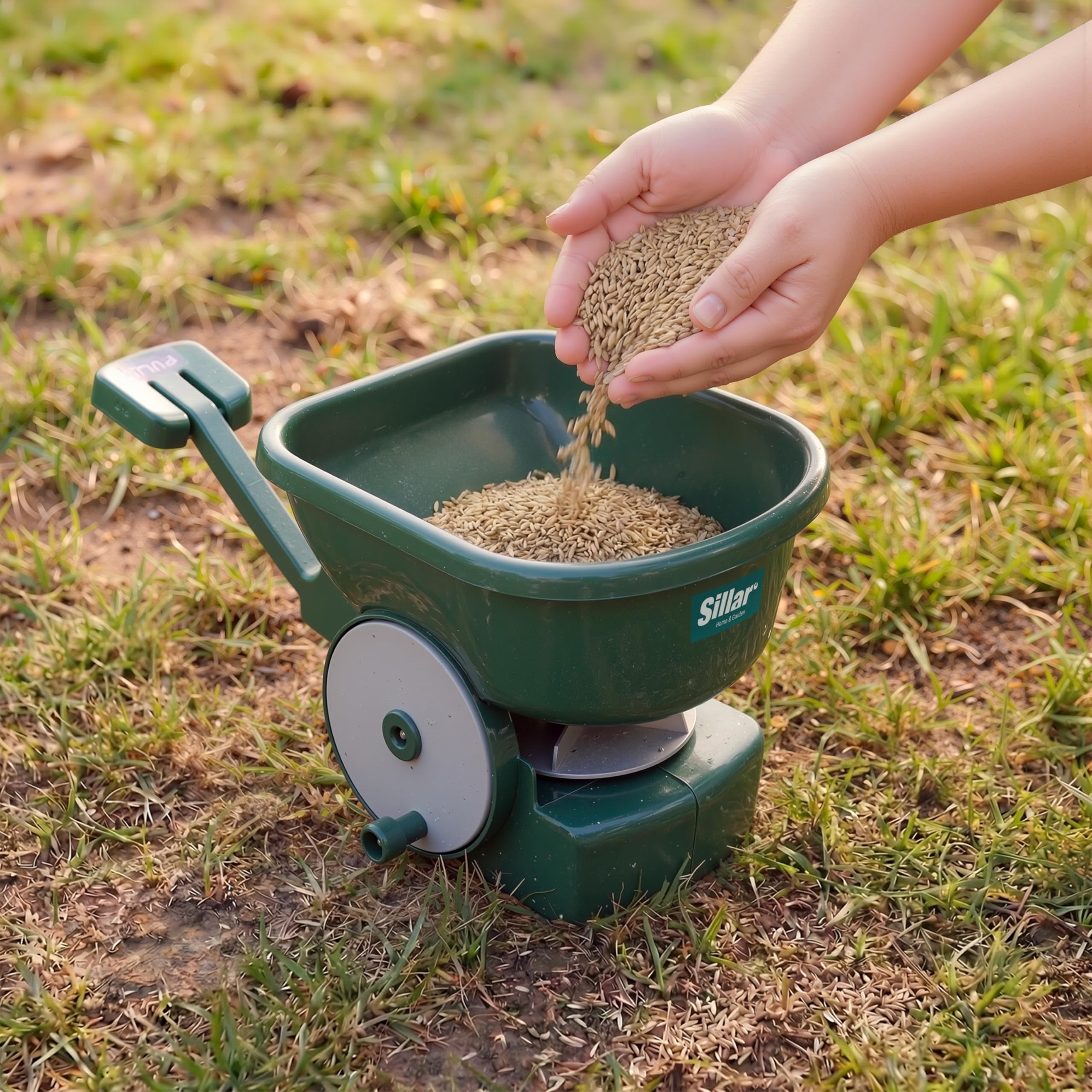 Sillar Handstreuer mit Ausziehbarer Stütze, 3 L Düngerstreuer und Samenstreuer, 4-Stufen Dosierung, 1,8-3,6 m Streubreite, Für Rasen, Salz, Sand und Streugut, Grün