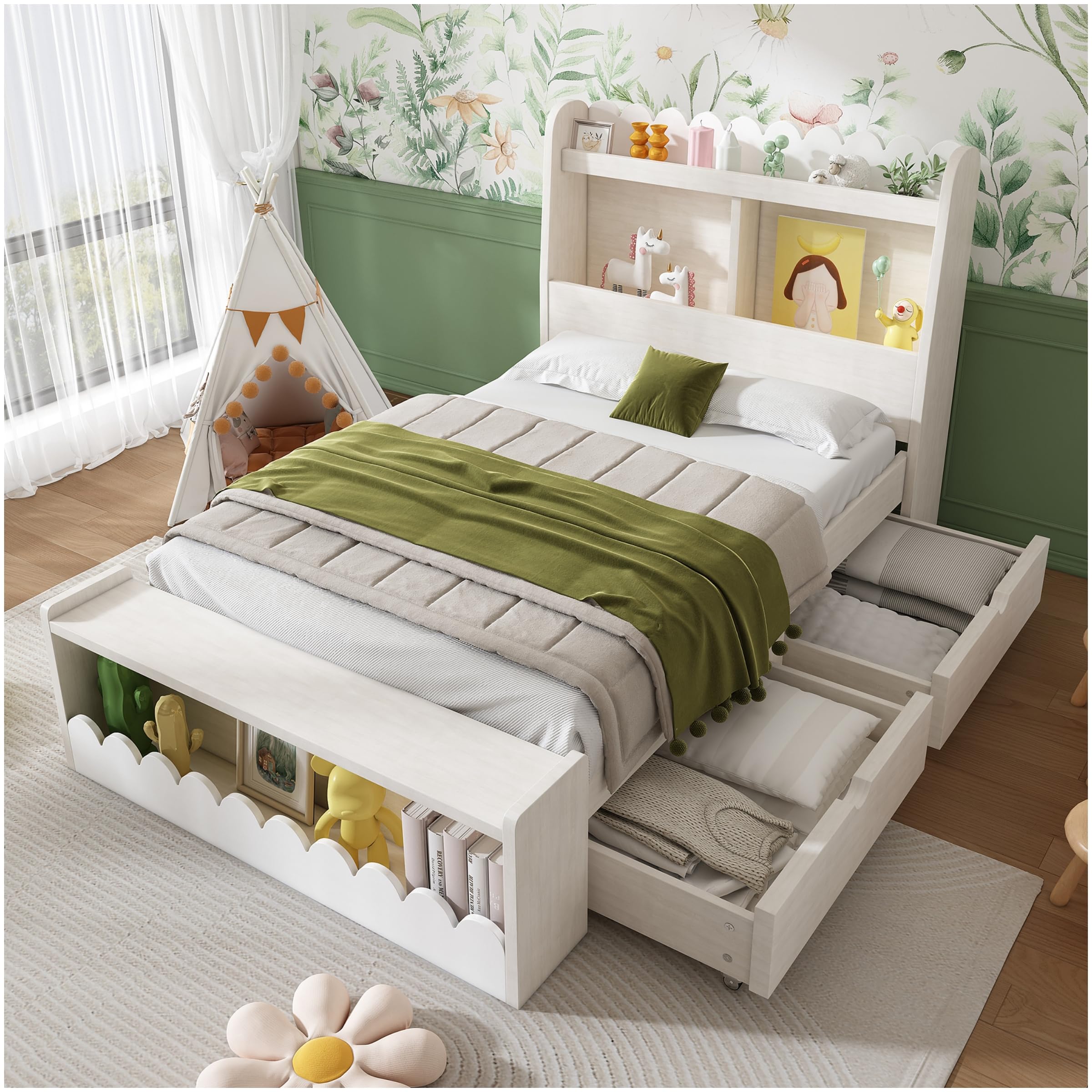 Lubvtti Cama Infantil con cabecero de Almacenamiento y cajones,Cama Individual de 90 x 190 con Estante y Banco con Espacio de Almacenamiento, Marco de Cama con Base de láminas,Blanco
