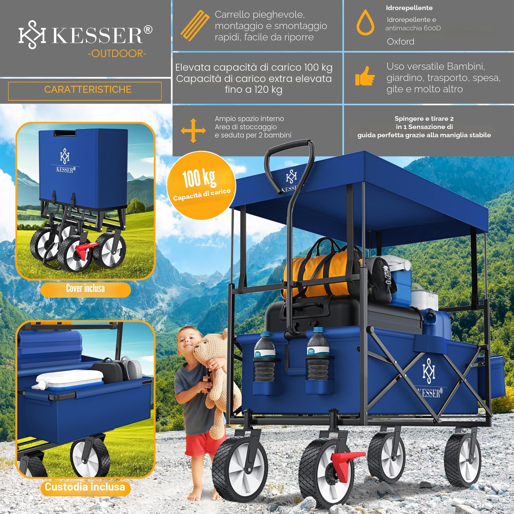 KESSER® Carrello pieghevole con tetto, carrello per attrezzi, con 2 tasche a rete e una tasca esterna, con freno anteriore, pieghevole, pneumatici in gomma piena, portata fino a 100 kg