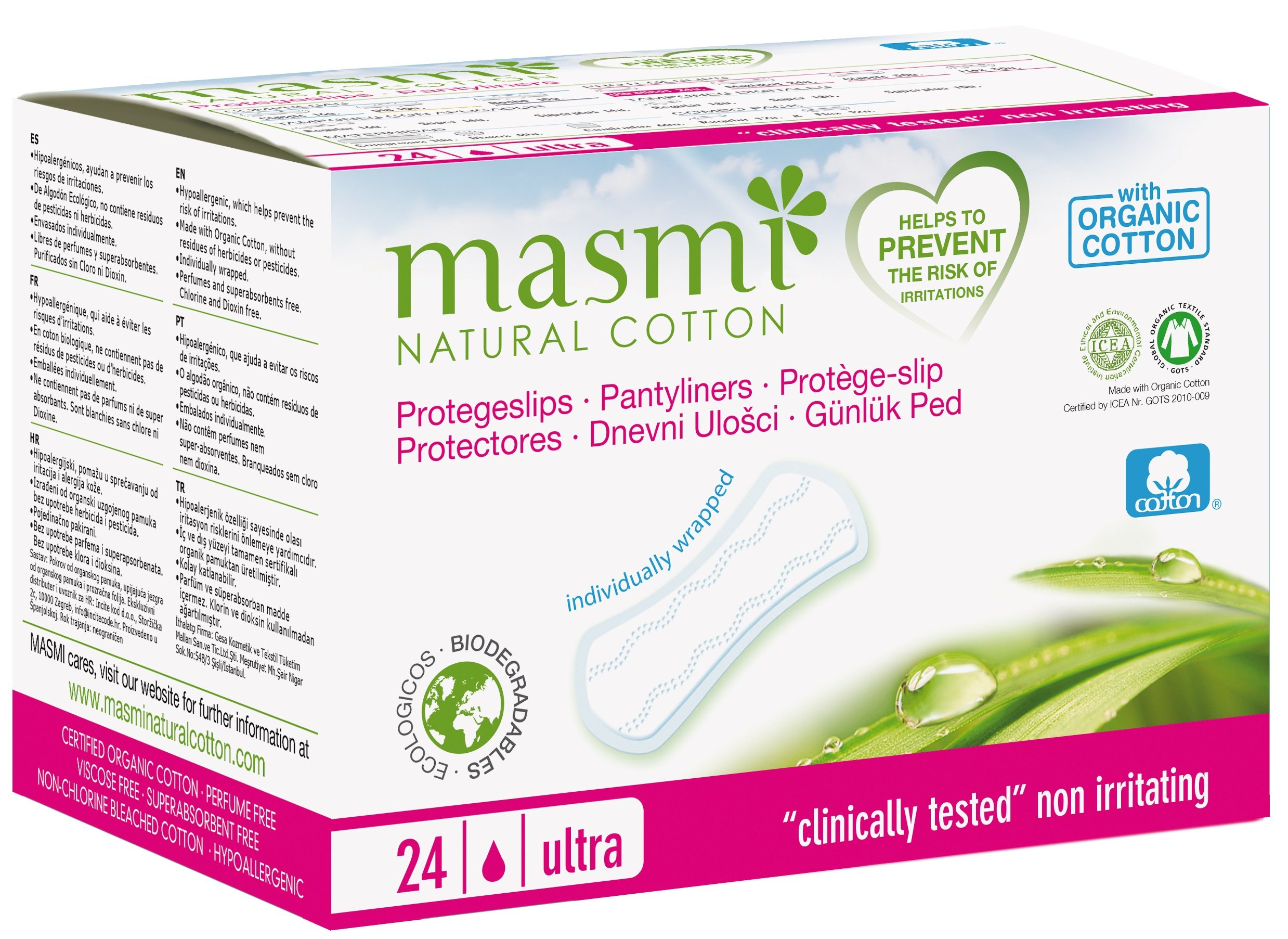 Masmi Ultra Thin Panty Liners Organic Cotton Certified, Individually Wrapped Hypoallergenic, Biodegradable, Perfume, Chlorine and Dioxin Free… (Single Pack)