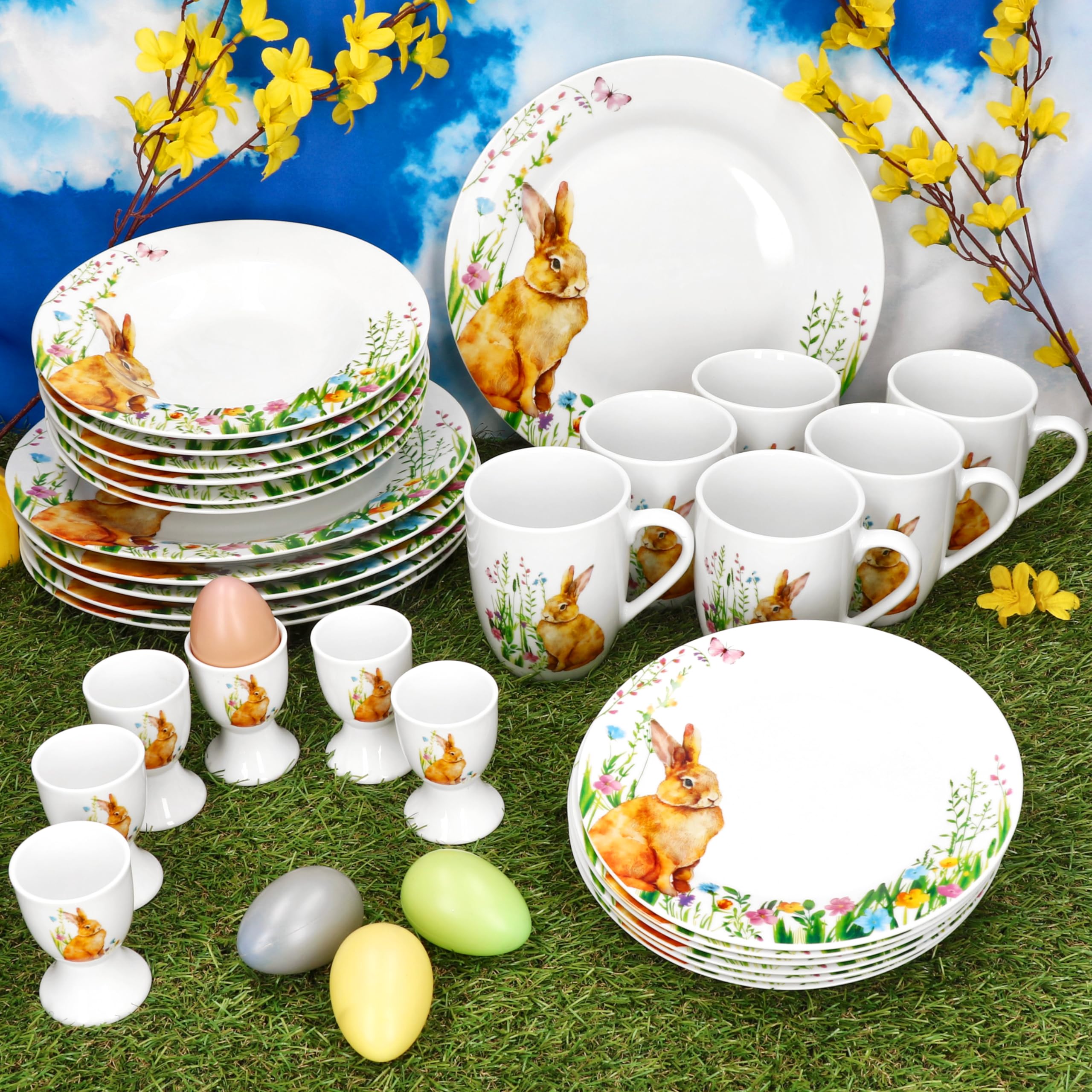 MamboCat 30-częściowy zestaw śniadaniowy Osterfreude I wiosenny porcelanowy zestaw naczyń z dekoracją zajączka wielkanocnego dla 6 osób I po 6 kieliszków do jajek, kubków, talerzy do ciasta, talerzy