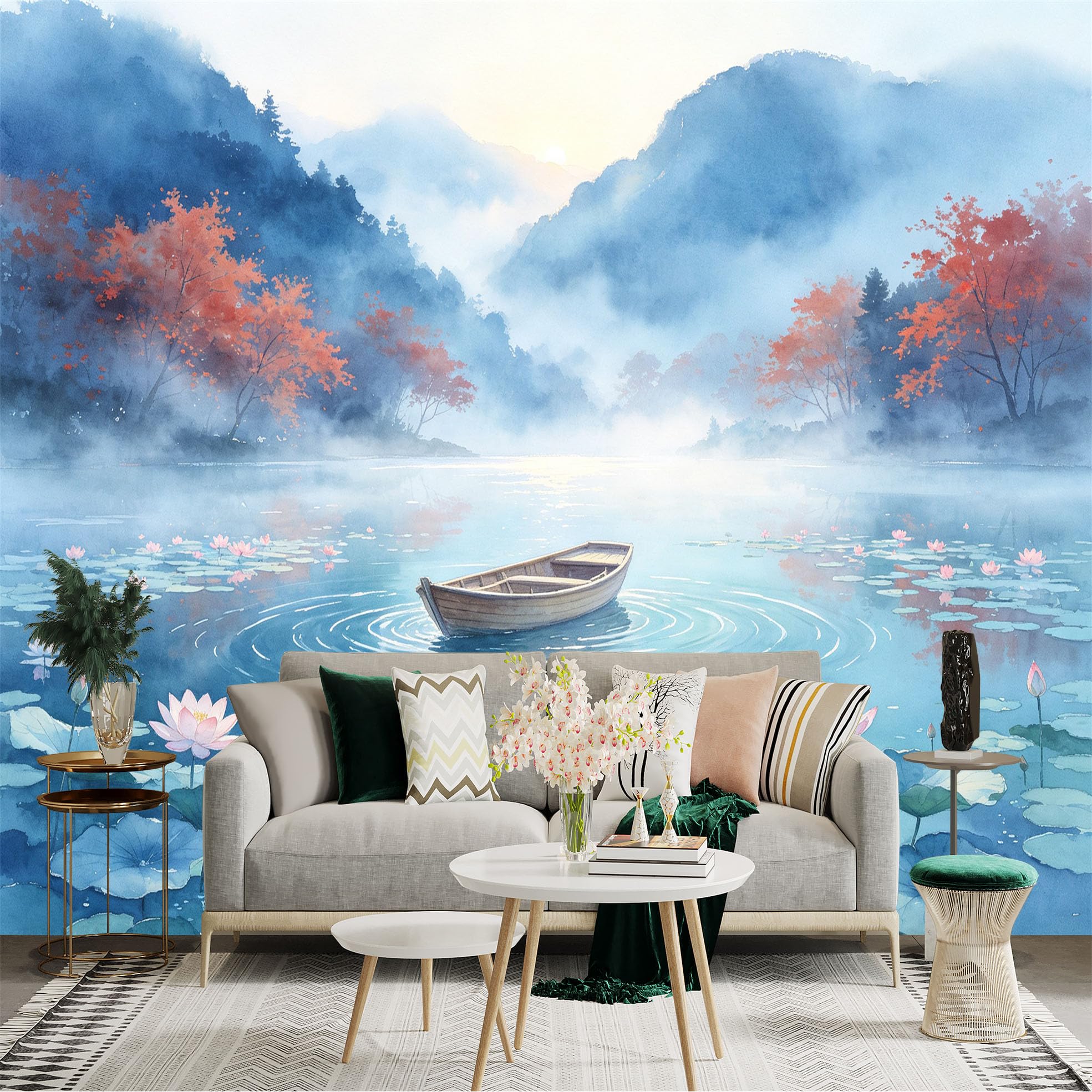 Custom Size Wall Sticker Mural， Serene Lake with Floating Boat， Blooming Lotus Flowers and Misty Mountains， for wall Decoration， peelandstick wall Decals.