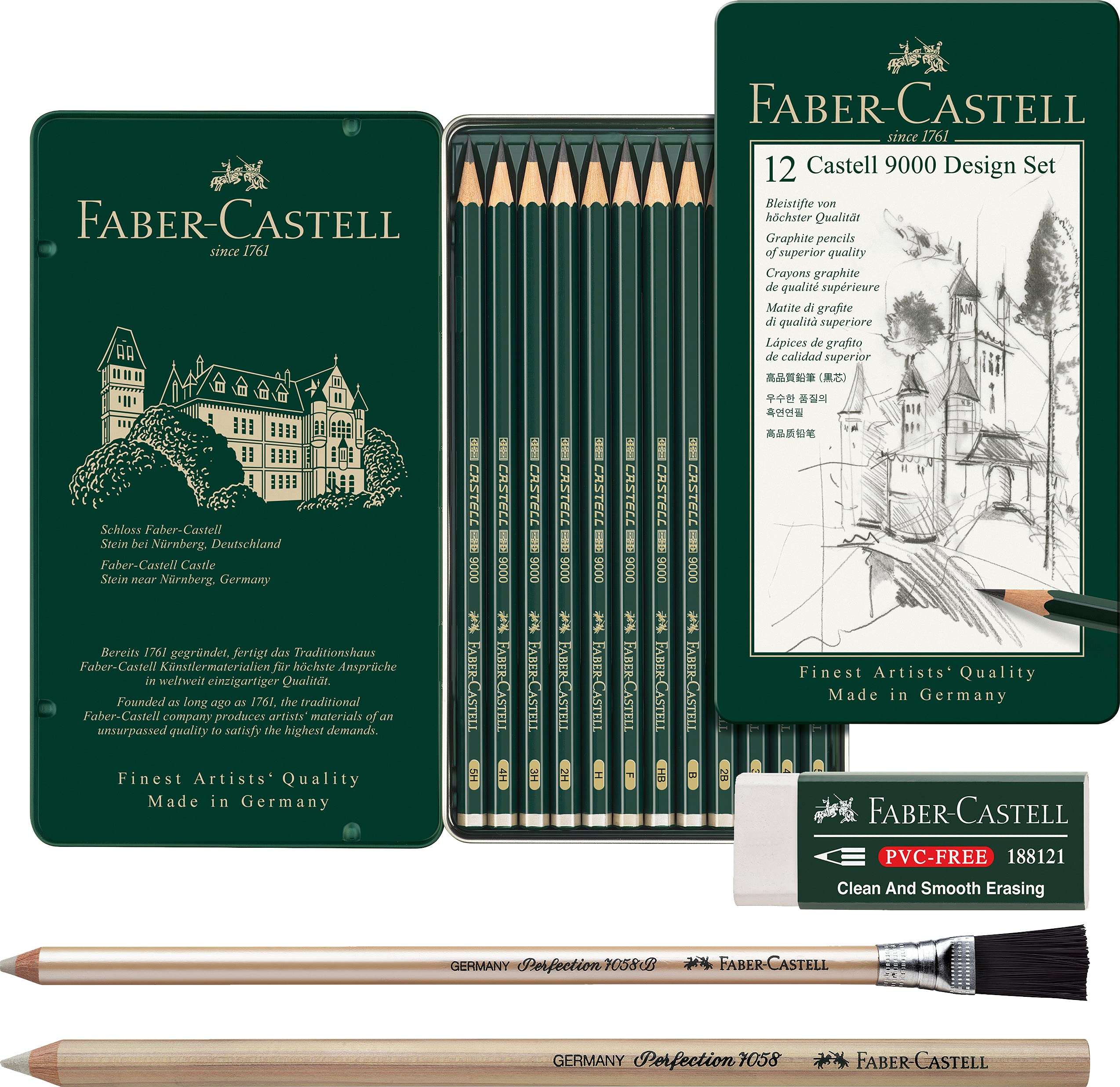 Faber-CastellCastell 9000 119064 Pencil Set of 12 Design 5B - 5H + 2 Different Erasers and PVC-Free Erasers