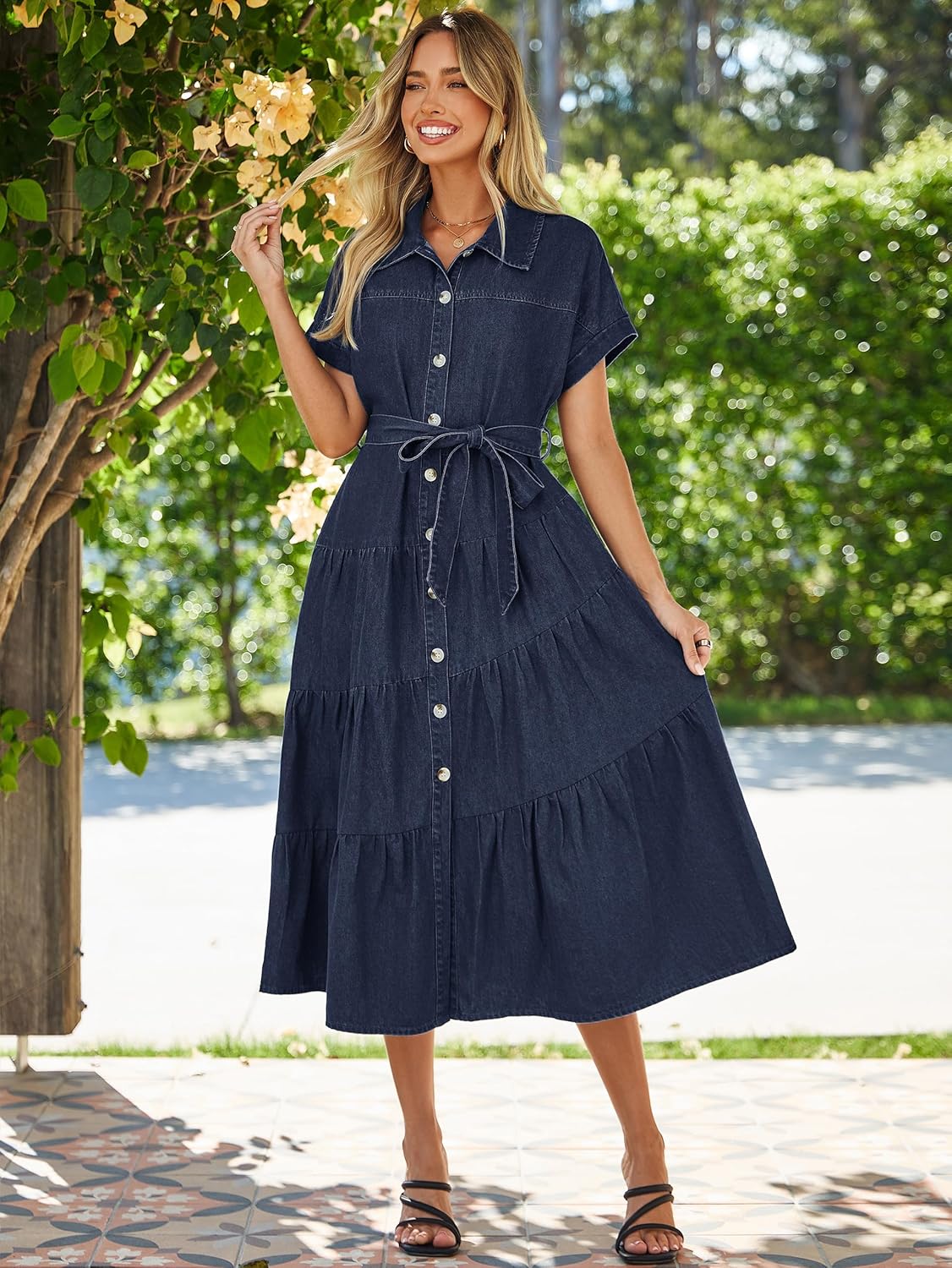 BerryGo Womens Summer Denim Shirt Dress Casual Belted Short Sleeve Button Down Flowy Midi Jeans Dresses with Pockets - Image 2