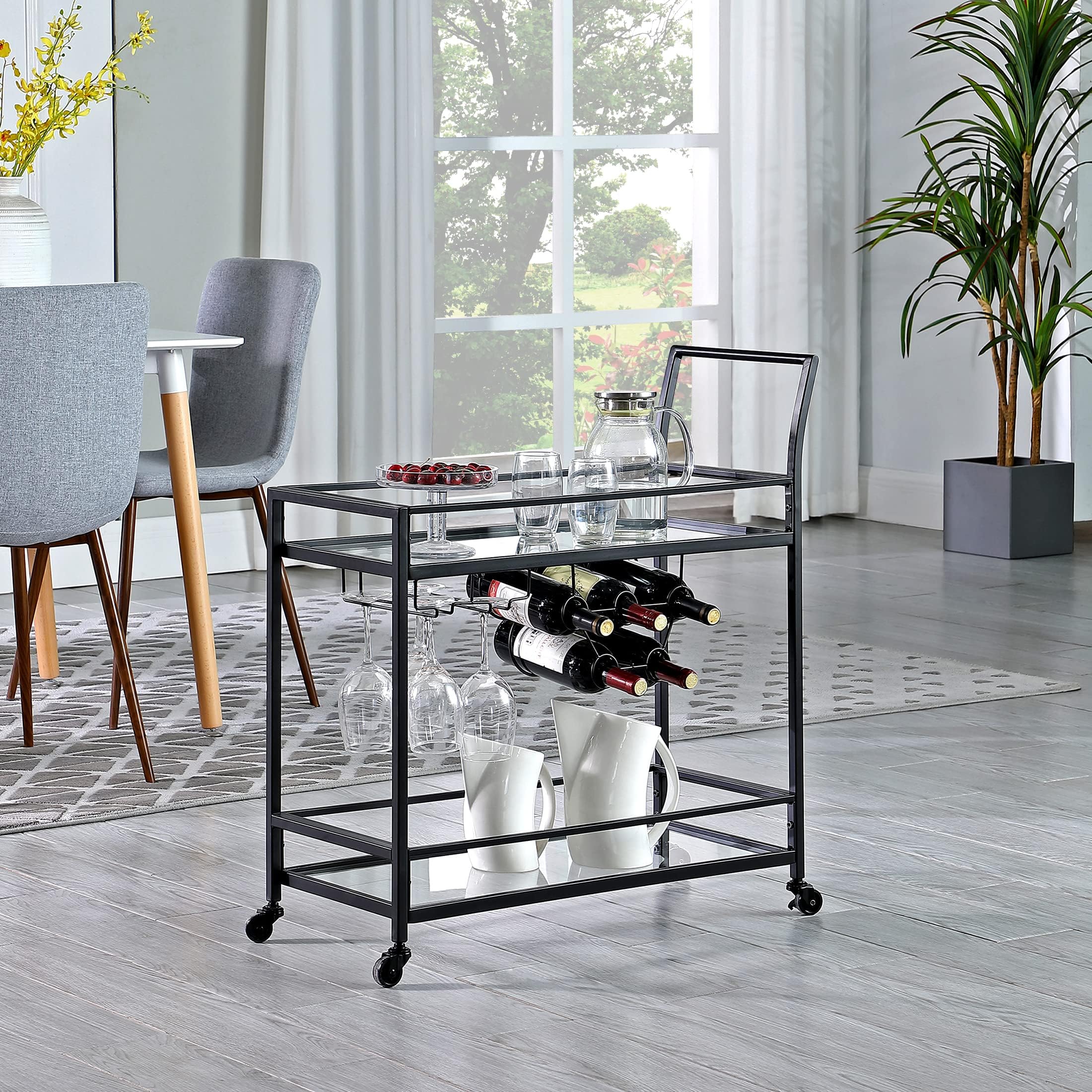 & Co. Black Francesca Bar Cart, 2 Tier Mobile Mini Bar, Kitchen Serving Cart and Coffee Station with Storage for Wine and Glasses, Metal and Glass, Modern