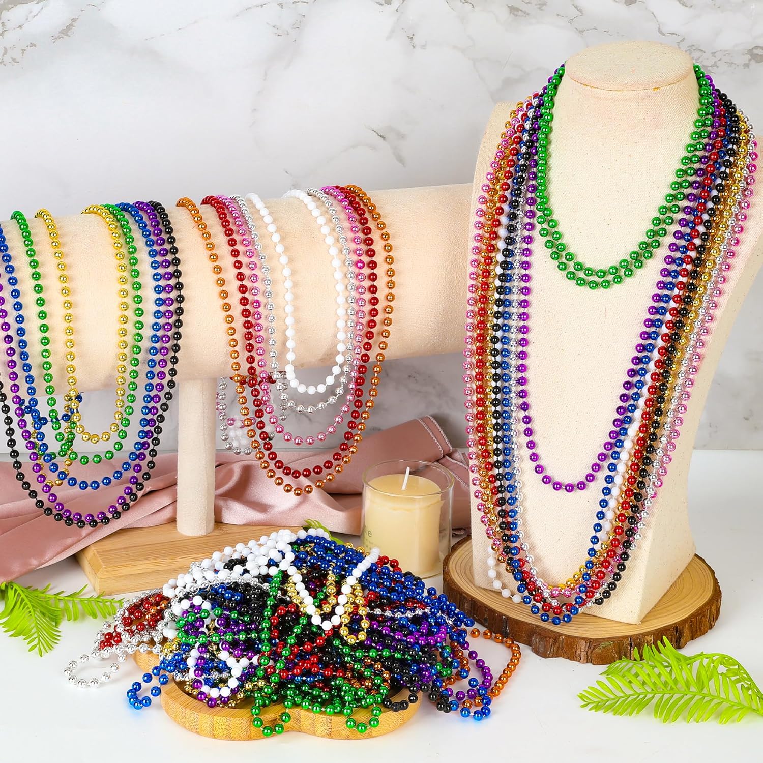 100 PCS Mardi Gras Beads, 33" Assorted Colors Carnival Beads Bulk, 10 Kinds Colors Beaded Stuff Set, Parade Throw Accessories Set, Round Costume Necklaces for Festive Party Supplies - Image 4