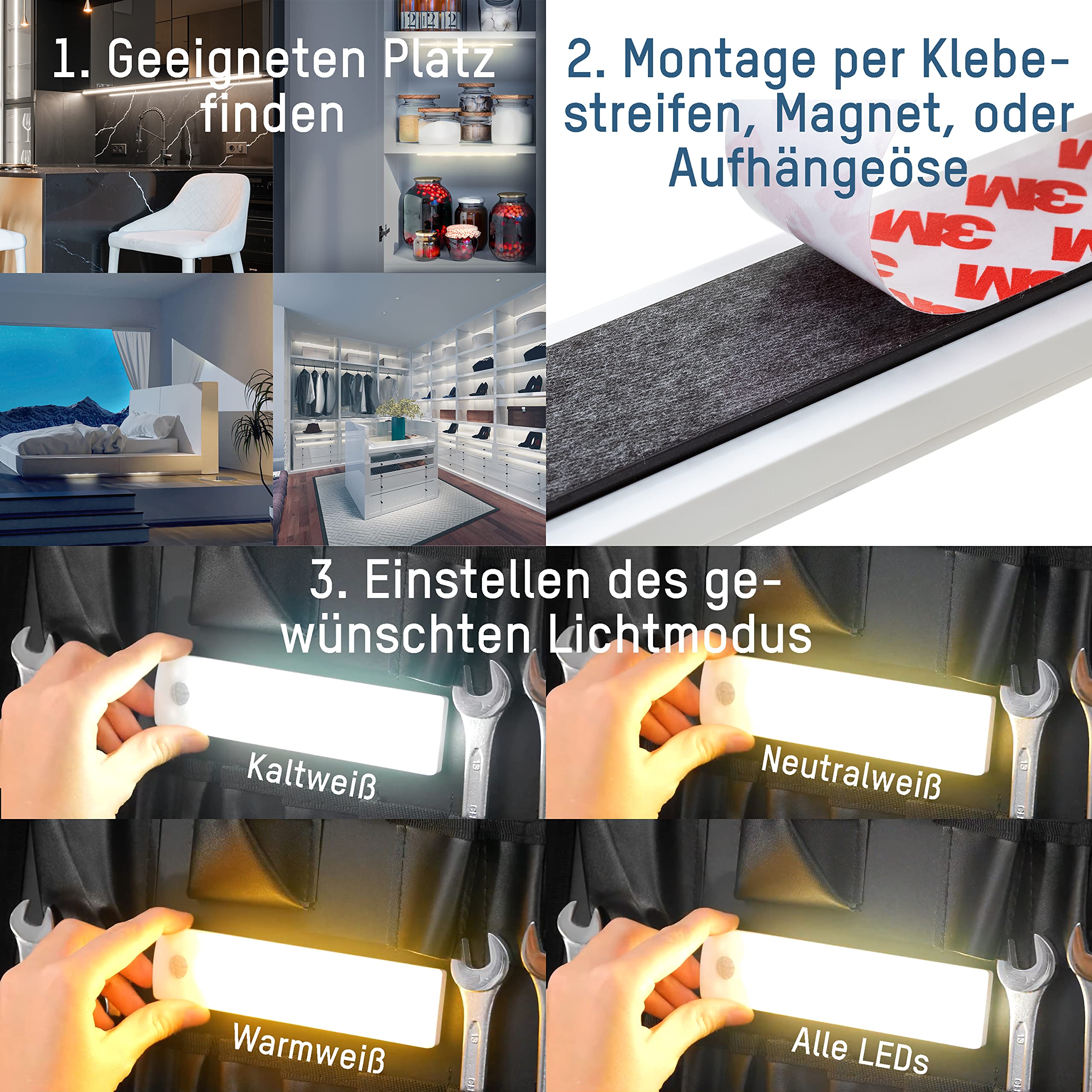 ANSMANN LED Under-unit Light, 35 cm, Dimmable Cabinet Light with Motion Sensor, Rechargeable Battery, 4 Light Colours, Magnetic, Ideal for Cabinets, Kitchen, Bathroom, Drawer, Hallway, Stairs, etc., White