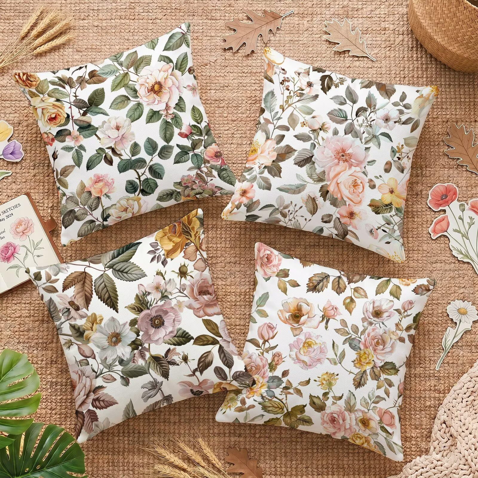 Housse de coussin canapé 65x65cm taie d'oreiller carrée lin rose extérieur