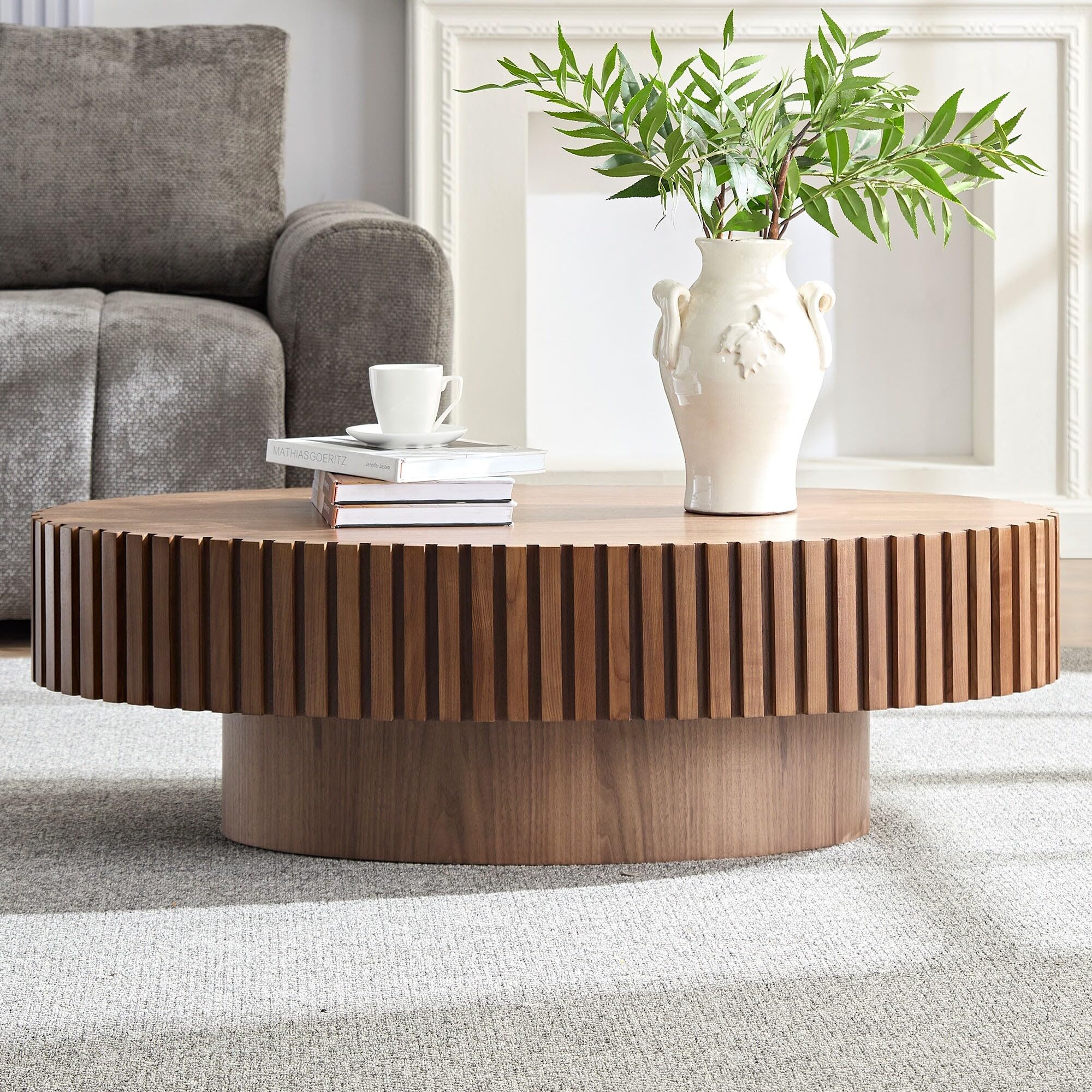 Bed Bath & Beyond Modern Handcraft Drum Coffee Table Length 43.7 inch Ellipse Coffee Table for Living Room Walnut (BOX 1 OF 2)