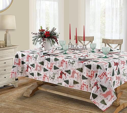 Newbridge Mantel de tela navideña rústica con diseño de reno Prance de Merry Reindeer y árbol de Navidad, fácil cuidado, 52 x 52 pulgadas, cuadrado