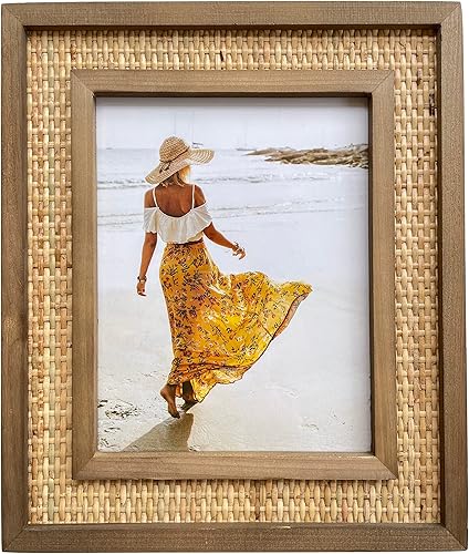 Fairwood Way Marco de fotos de ratán y madera, marco de fotos costero o bohemio, soporte de mesa y montaje de pared (apertura de 8 x 10 pulgadas)