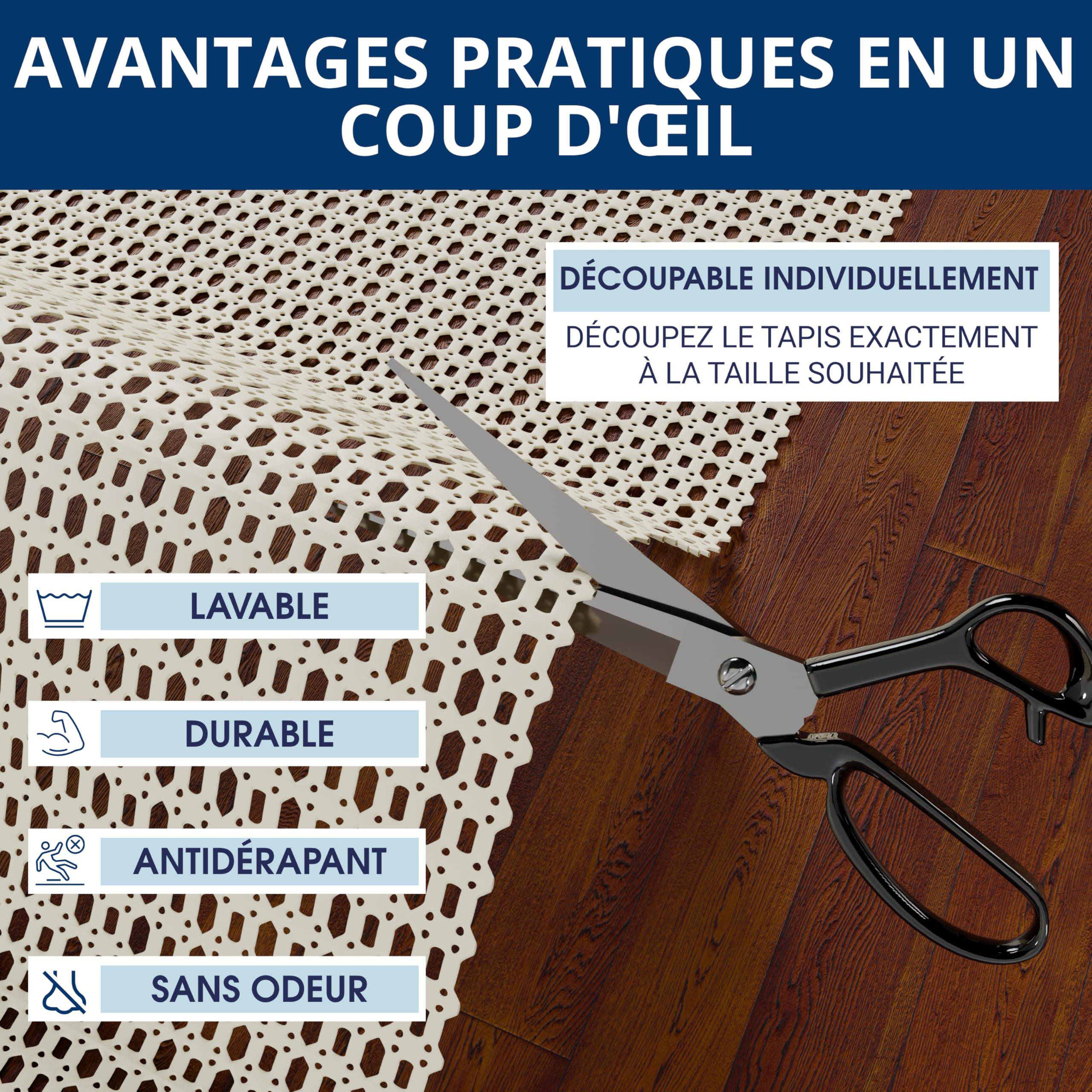 sous-Tapis Antidérapant – Maintien Extra Fort sans Colle | Anti Dérapant Tapis Découpable pour Parquet, Carrelage, Stratifié | Lavable & Réutilisable