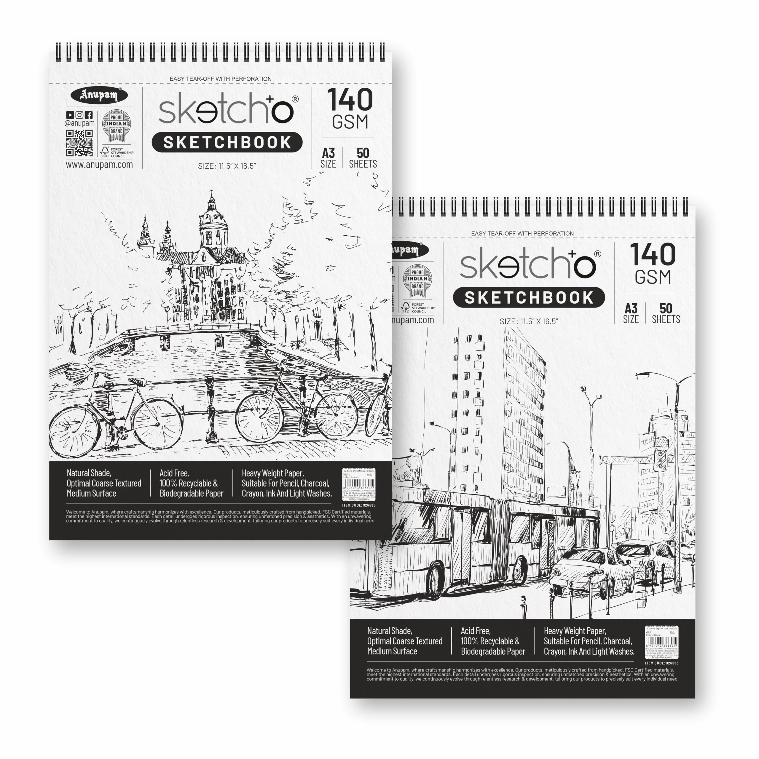 Anupam Sketch-O Sketchbook A3 | 50 Sheets 100 Pages | 140GSM | Durable Acid Free Drawing Paper | Professional-Grade Sheets | Top Spiral-Bound Sketchpad for Artists & Professionals (Pack of 2)
