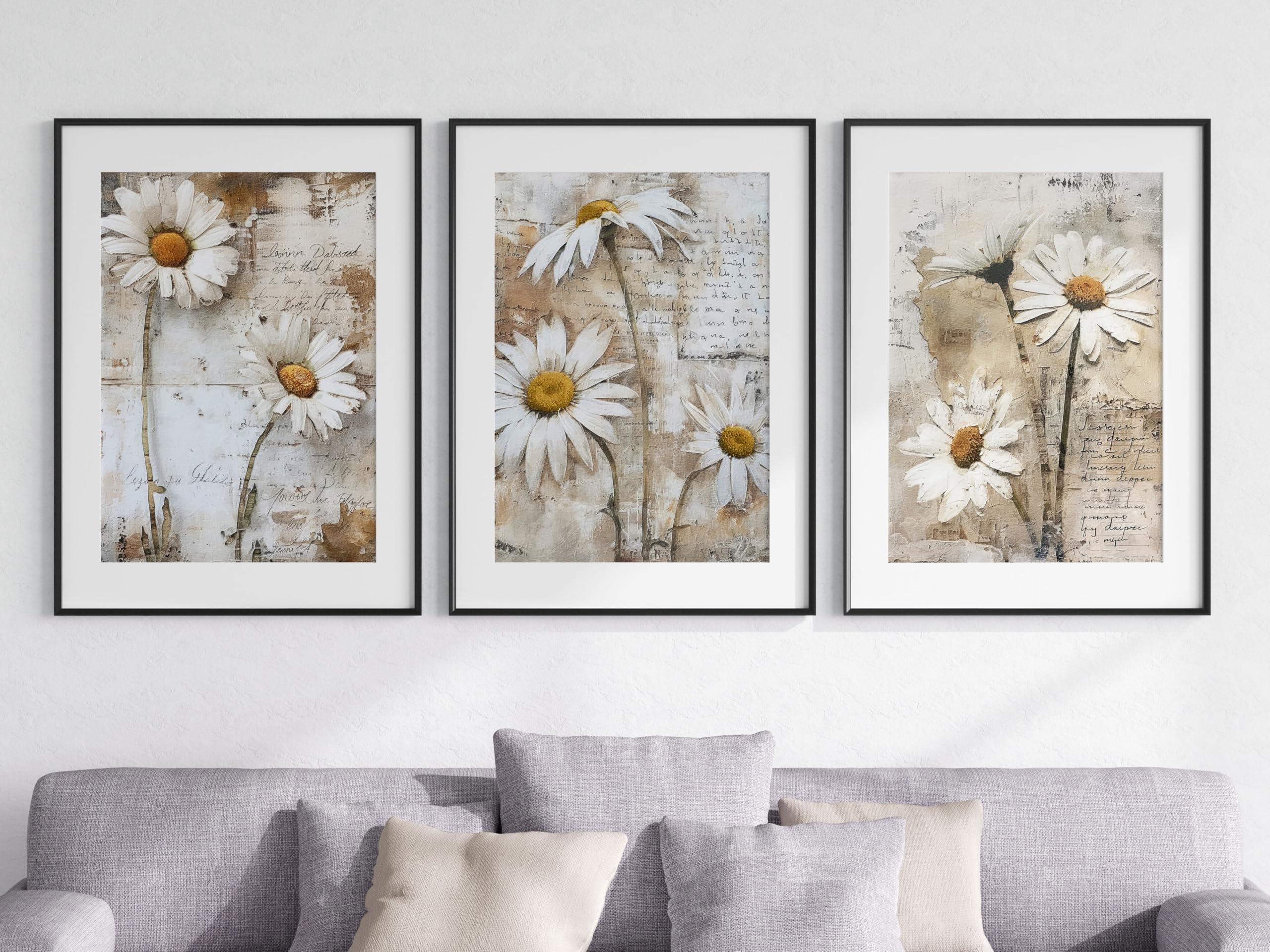 Rustic Daisies Wall Art Set of 3 Unframed Poster Prints, Botanical Style Abstract Art