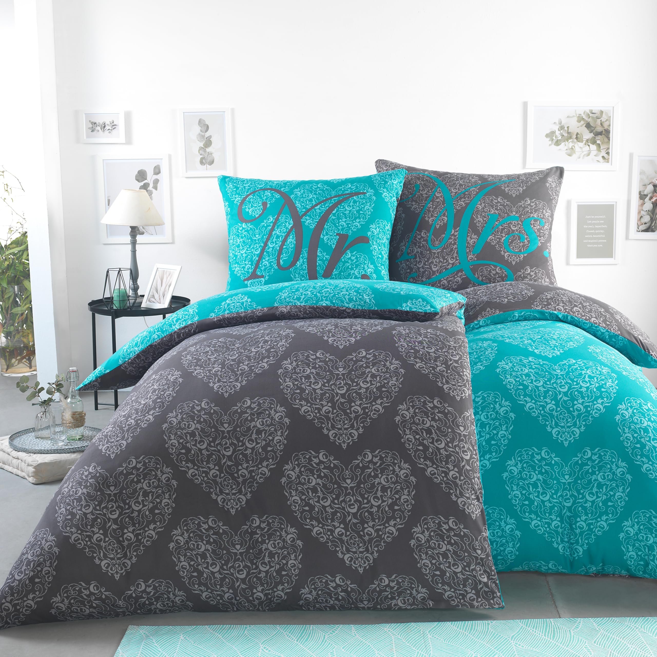 BaSaTex Partner Bettwäsche Set, 2X 155x220 + 2X 80x80, Ornamente | Designed für Paare, Öko_Tex Zertifiziert, 100% Mikrofaser, Atmungsaktiv und Temperaturausgleichend