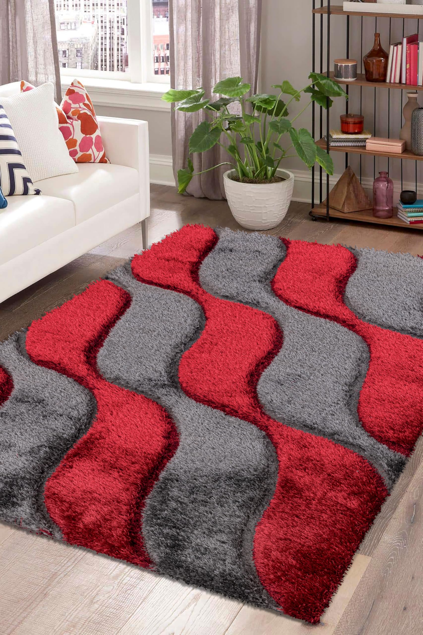 Modern Wave Pattern Rug Geometric Swirl Carpet High Pile, Soft 3D Shaggy Area Rug for Living Room, Bedroom & Lounge Non-Shedding Easy Care (Red, 160 cm × 230 cm = 5.25 ft × 7.55 ft)