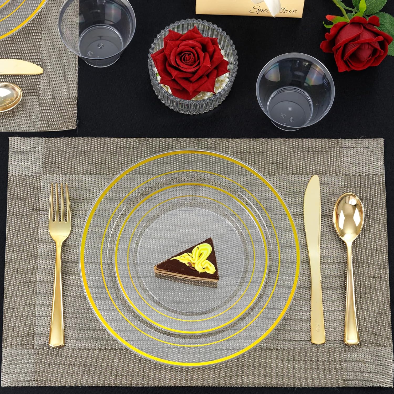 I00000 600Pcs Clear Gold Plastic Plates for 100 Guests, Plastic Dinnerware Set of 100 Gold Disposable Plates, 100 Dessert Plates, 200 Forks, 100 Knives and 100 Spoons Perfect for Party & Wedding - Image 9