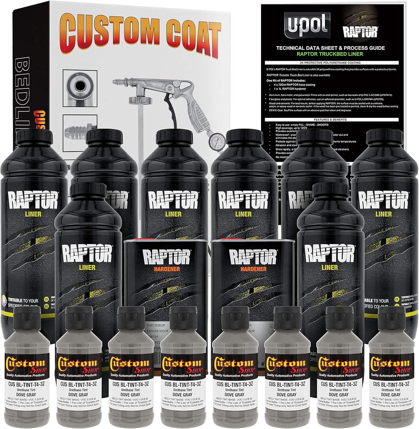 Custom Shop Dove Gray Urethane Spray-On Truck Bed Liner Kit and Custom Coat Spray Gun with Regulator, 8 Liters
