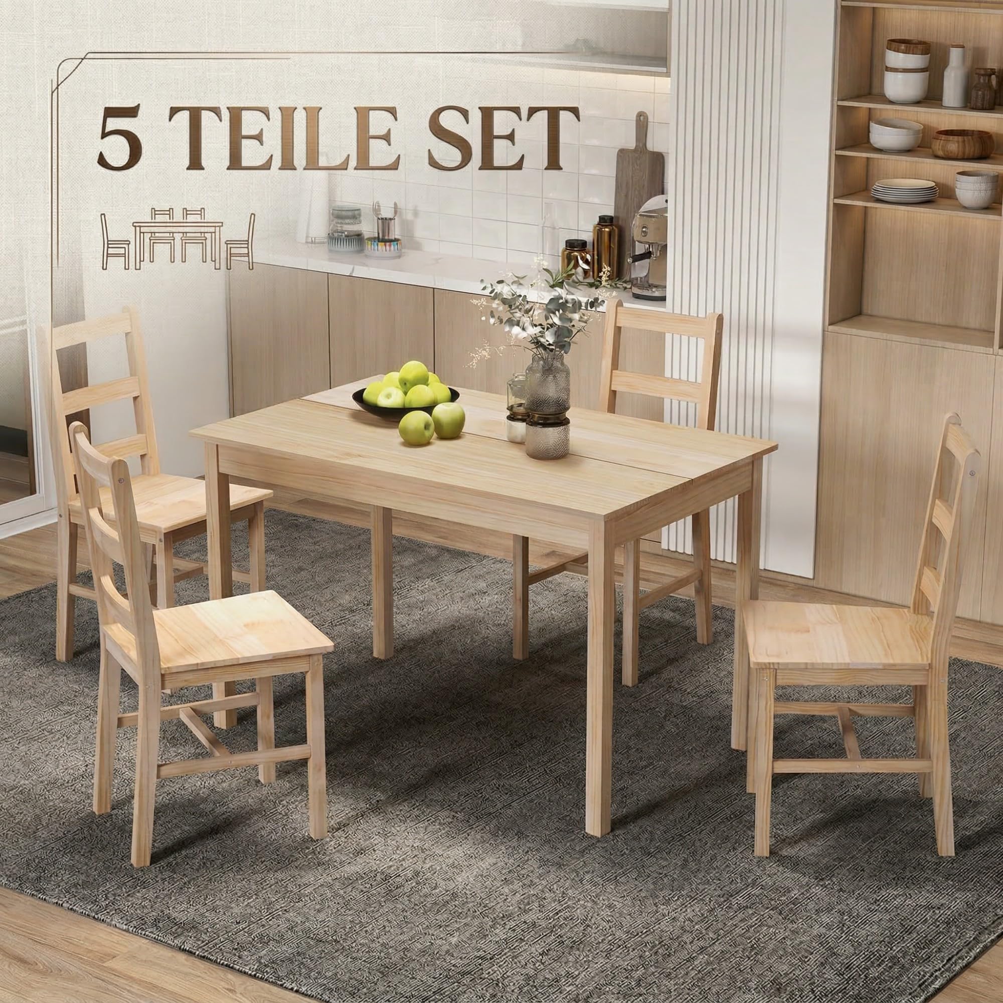 HOMCOM Esstisch mit 4 Stühlen Essgruppe aus Kiefernholz Moderne Esszimmergruppe für Kleine Räume, Esszimmer, Küche, Wohnzimmer, Natur