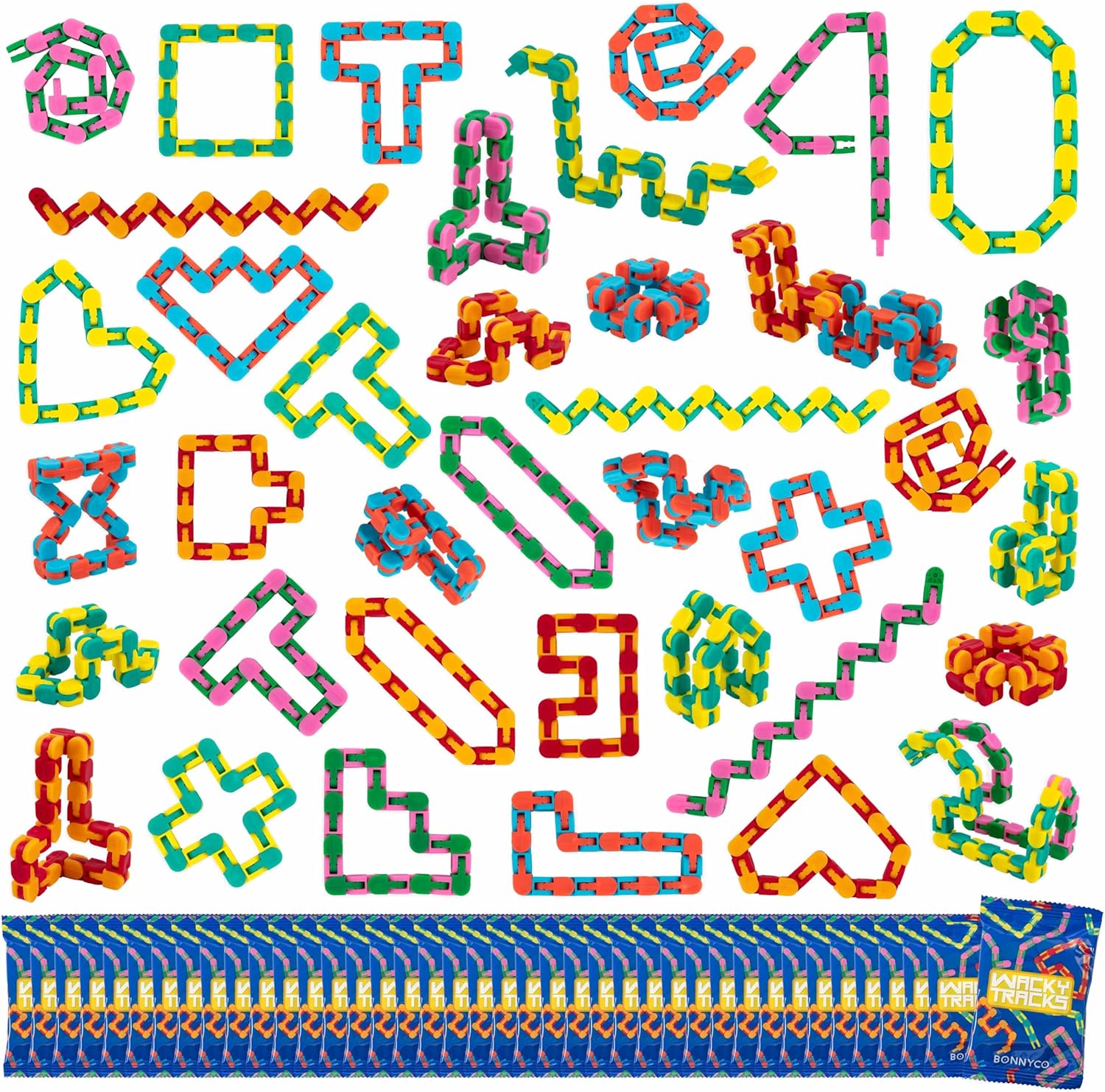 BONNYCO Wacky Tracks Pack 40 10.6 in Click Chain Fidget Toys for Kids Ages 3-12. Birthday Party Favors, Classroom Treasure Box Prizes, Goodie Bag Stuffers, Sensory Toys for Autism