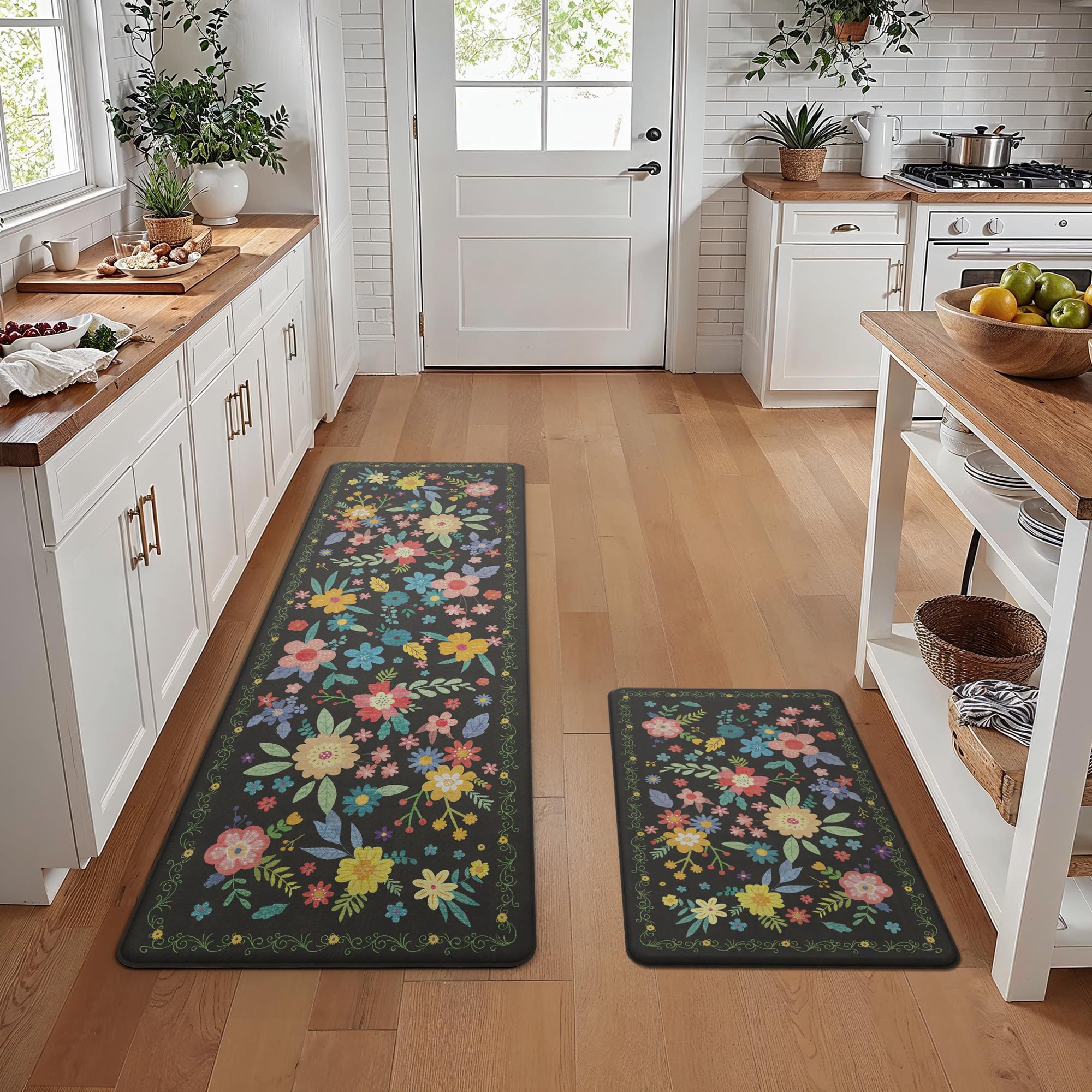 GENIMO Kitchen Mats for Floor 2PCS, Cushioned Kitchen Rugs Non Slip Washable, Farmhouse Anti Fatigue Mat Waterproof, Comfort Standing Mat Rug for Laundry, Office, Home, Sink, 23.6"x71"+20"x32", Black