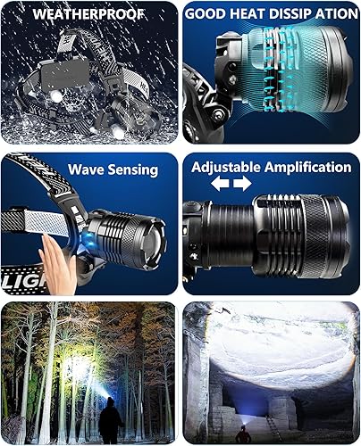 Miniatura 8 de Linterna frontal recargable de 100,000 lúmenes, luz LED brillante, 40 horas de funcionamiento, faros impermeables para frente, faros delanteros de 3
