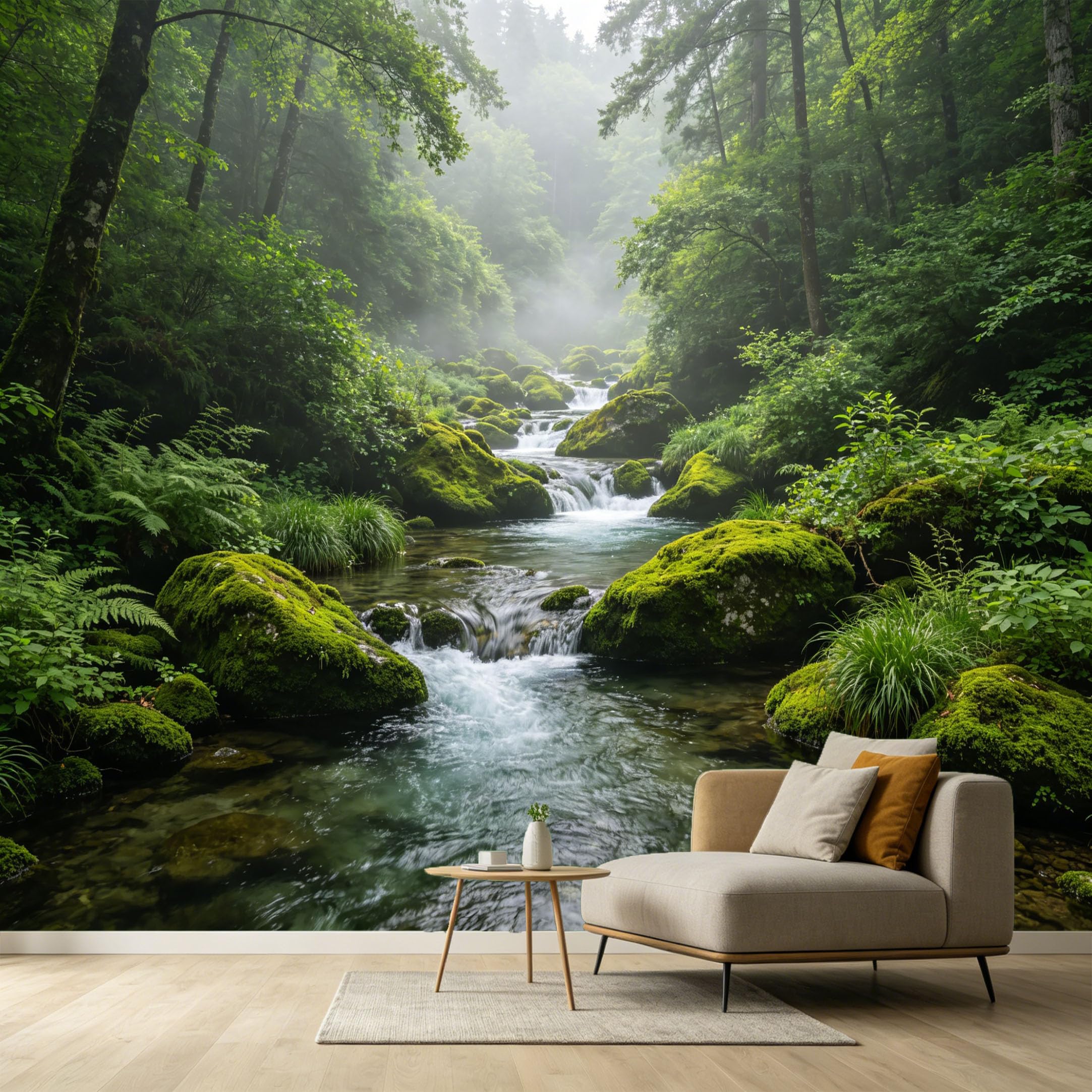 Custom Size Wall Murals Mist Forest Stream Landscape Botanical Nature Photography SelfAdhesive Wall Fabric Removable Large Wallpaper for Photo Living Room