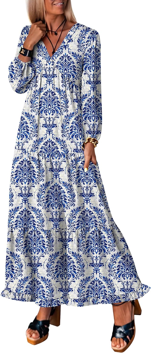 Boho maxi dress for fall with floral and striped design