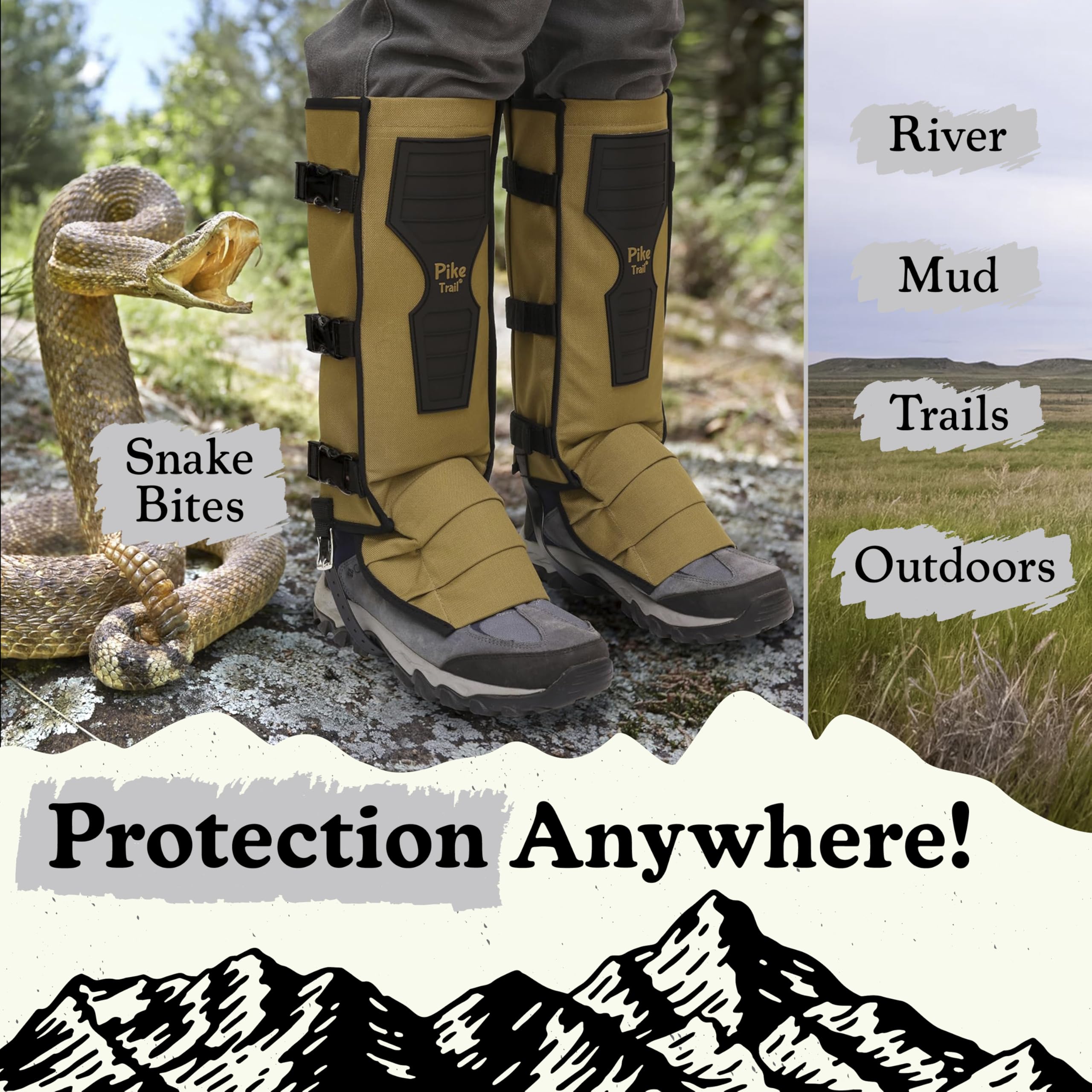 Pike Trail Schlangenfeste Gamaschen zum Wandern, Stiefel- und Schuhschutz für Männer und Frauen, Schlangenschutz-Leggings für Jagd, Camping, Outdoor