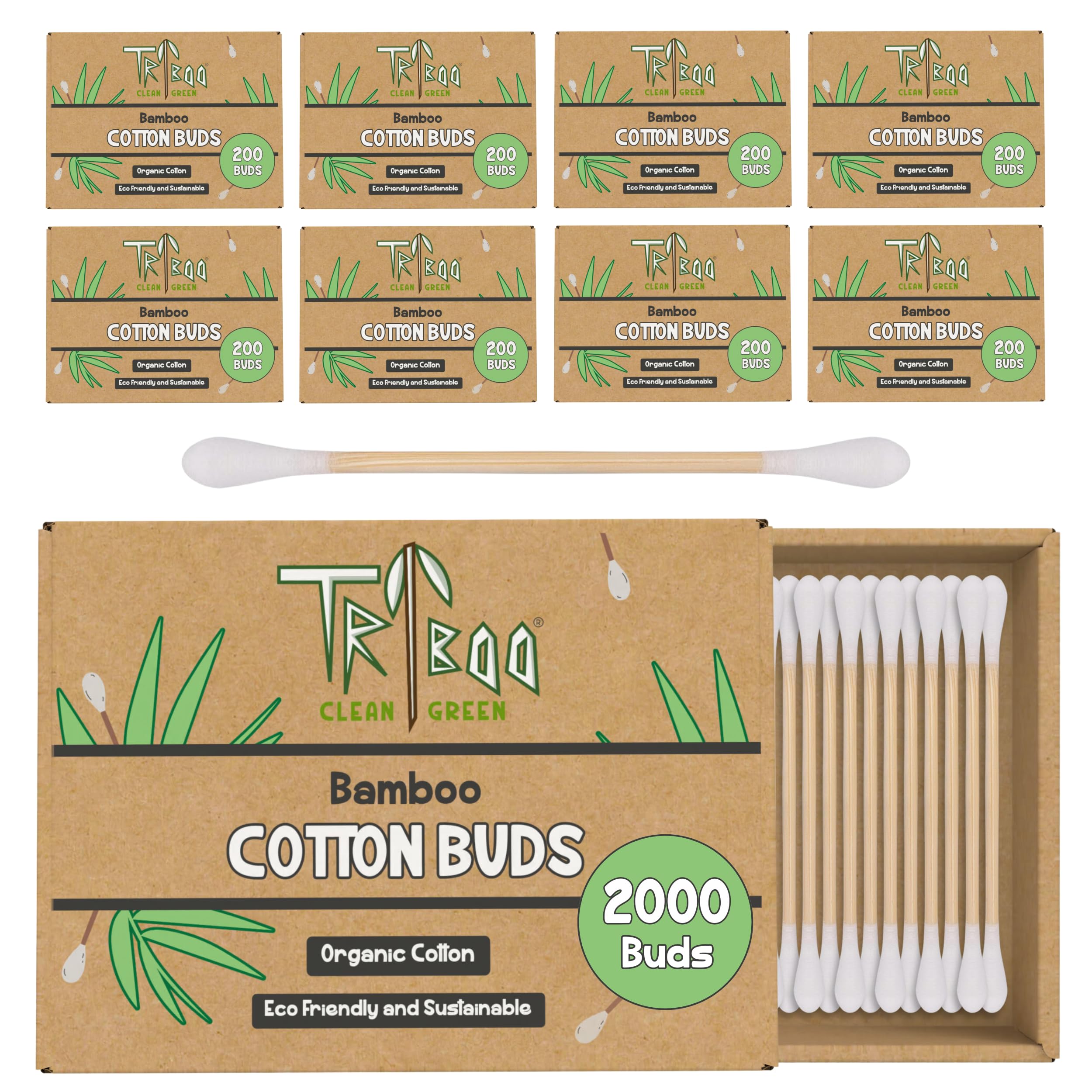 TRIBOO (2000 Pack) Organic Bamboo Cotton Buds with Convenient Storage Tray - x10 Box of 200 Sustainable Q Tips Cotton Buds - Biodegradable Cotton Swabs Earbuds for Outer Ear Cleaning, Make Up & Crafts