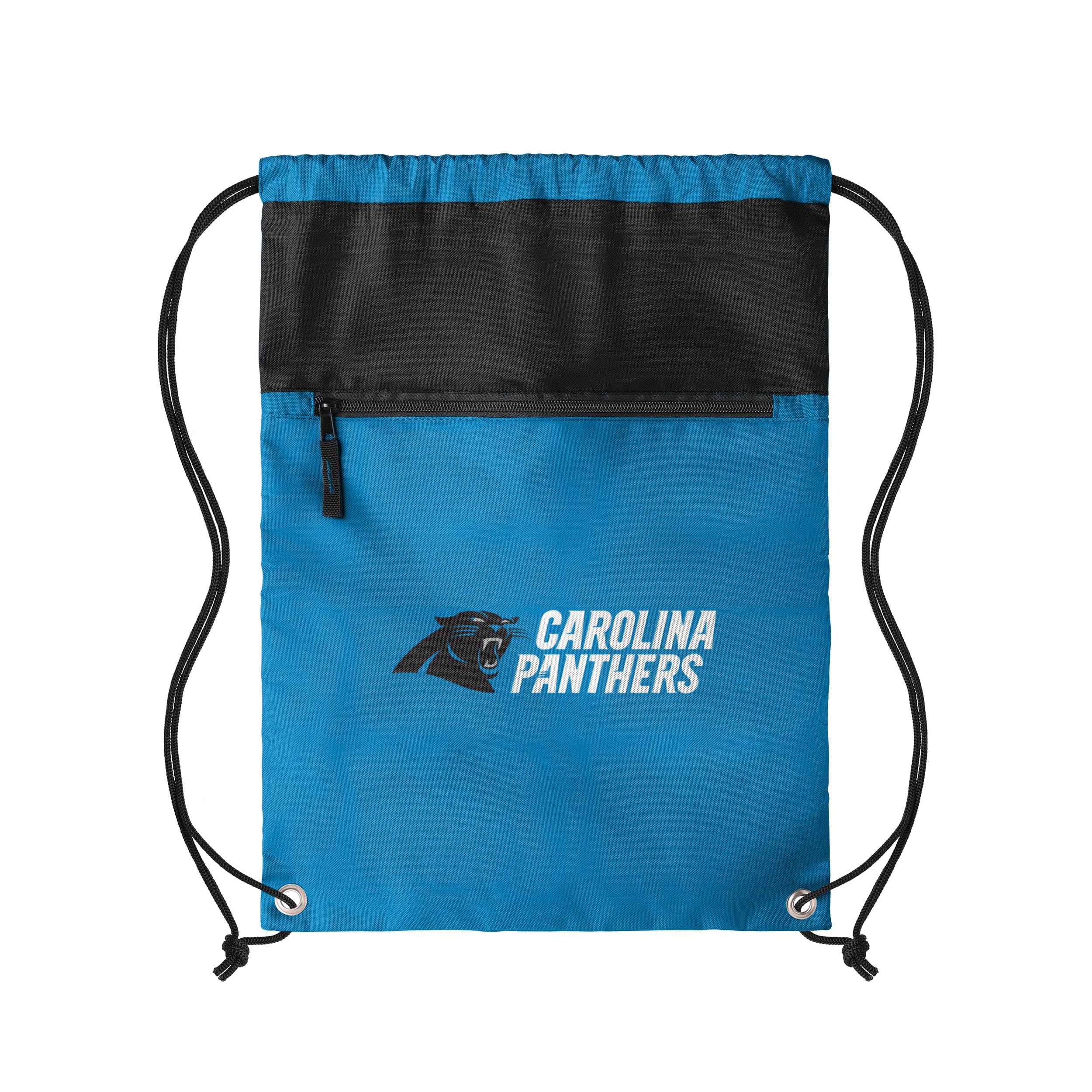 FOCO NFL Officially Licensed Unisex Team Color Football Primary Logo Wordmark Drawstring Backpack With Zippered Pocket, Carolina Panthers, One Size, Daypack Backpacks