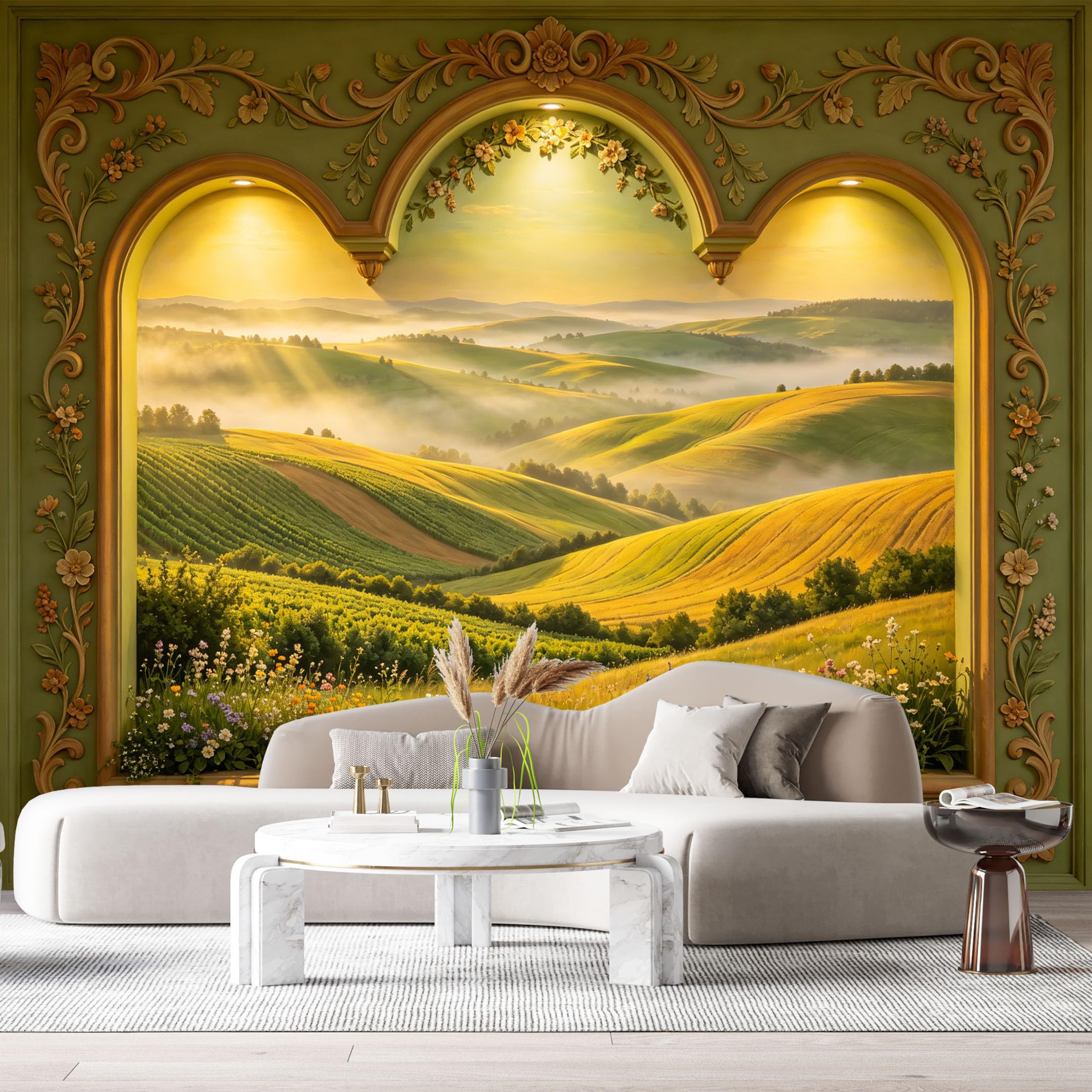 Custom Size Wall Murals Neoclassical Vineyard Landscape Golden Arch 3D Trompe L'Oeil SelfAdhesiveWall Fabric Removable Wallpaper Wall Decor for Living Room Bedroom Bathroom