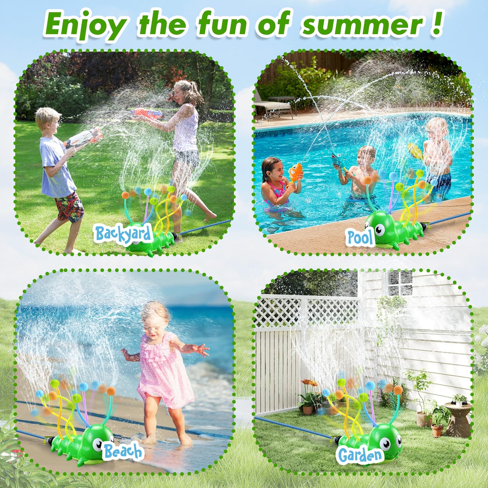 Wasserspielzeug für Kinder Wassersprinkler Raupen-Wassersprinkler mit 6 Schwimmkörpern und Schwammbällen, Sommerspielzeug für draußen 3–12Jahre Garten Hinterhof Rasen Wasserspaß garantiert